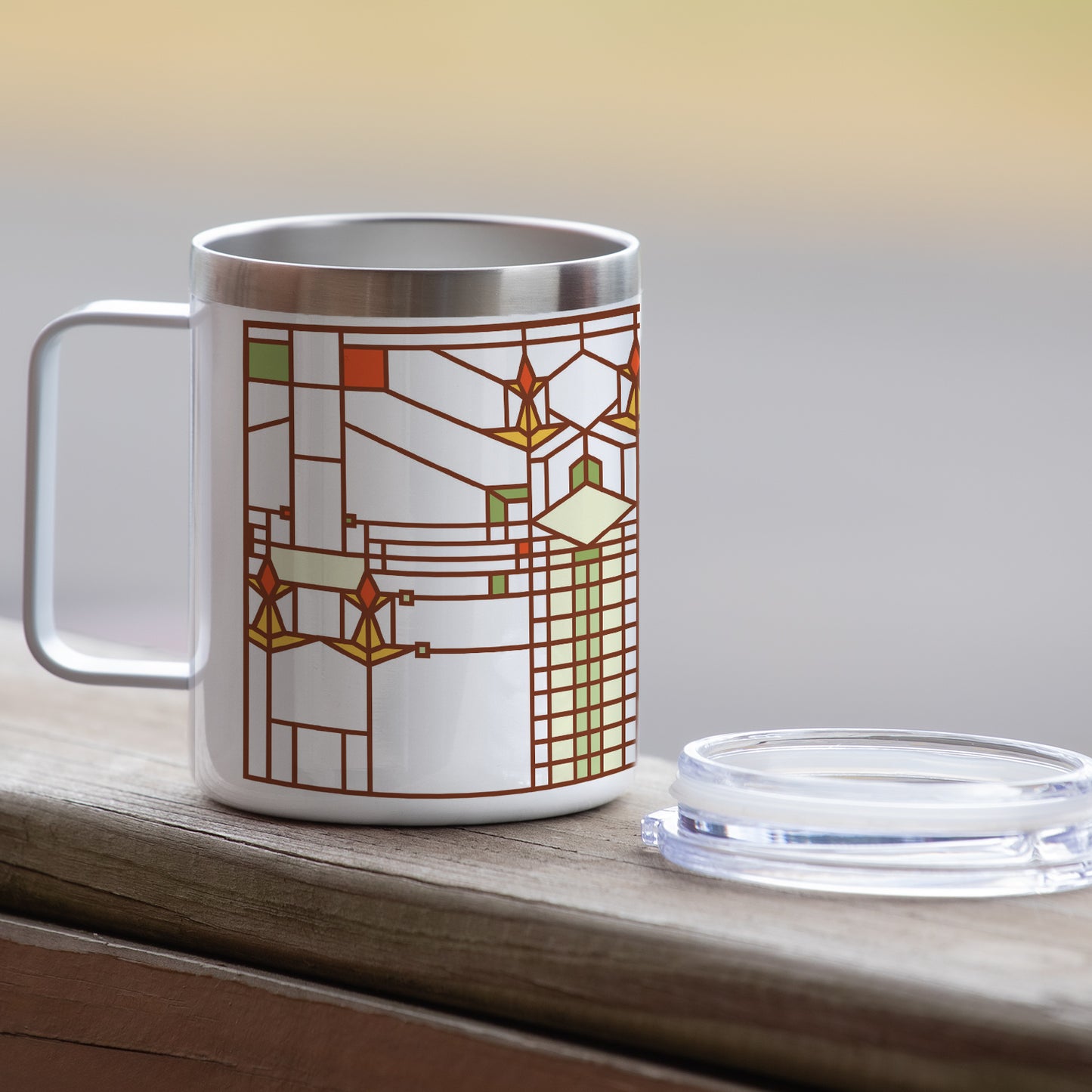 Highland Home B. Harley Bradley House Design by Frank Lloyd Wright on Stainless Steel Mug with Lid 12 oz. Manufactured in the USA