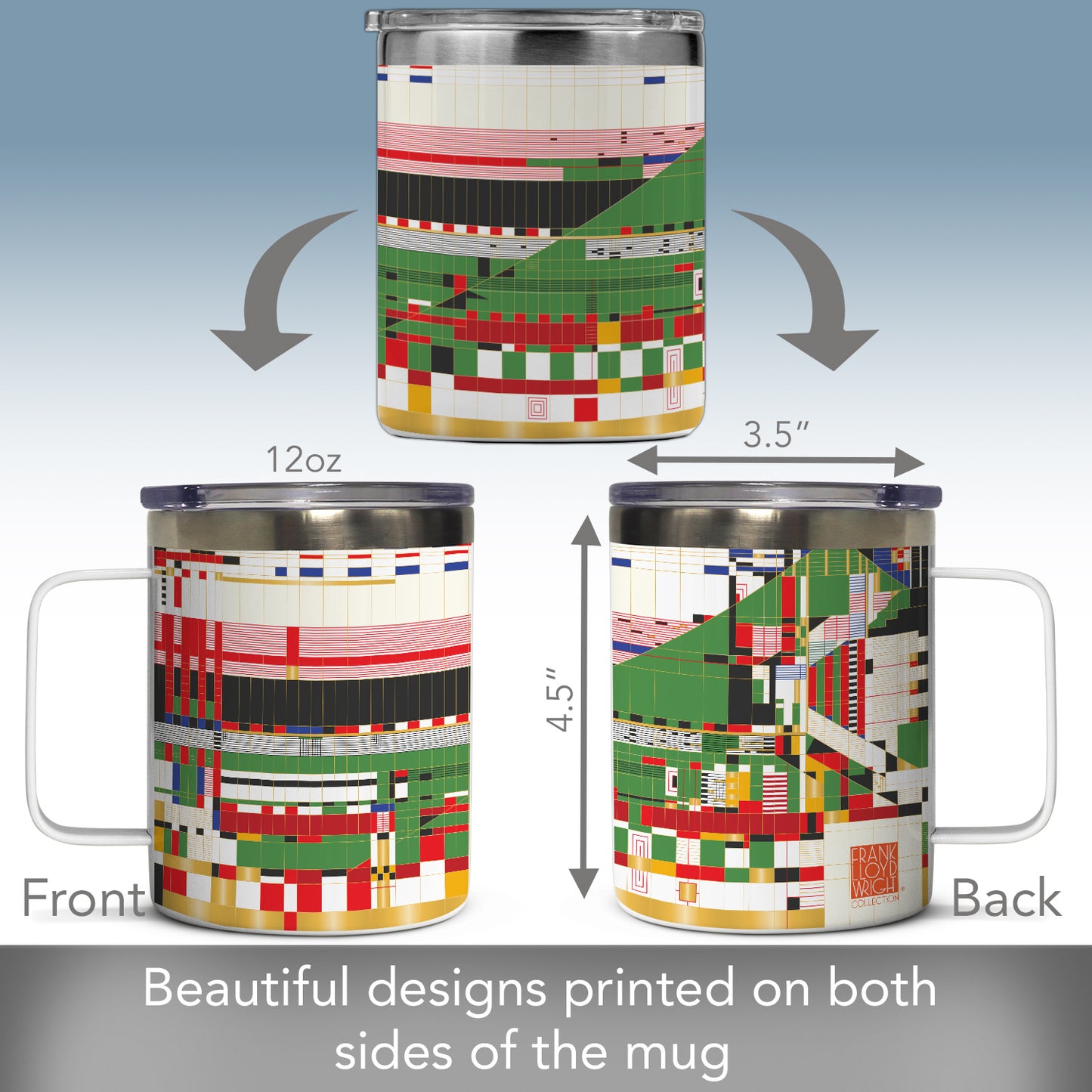 Highland Home Hillside Curtain Design by Frank Lloyd Wright on Stainless Steel Mug with Lid 12 oz. Manufactured in the USA