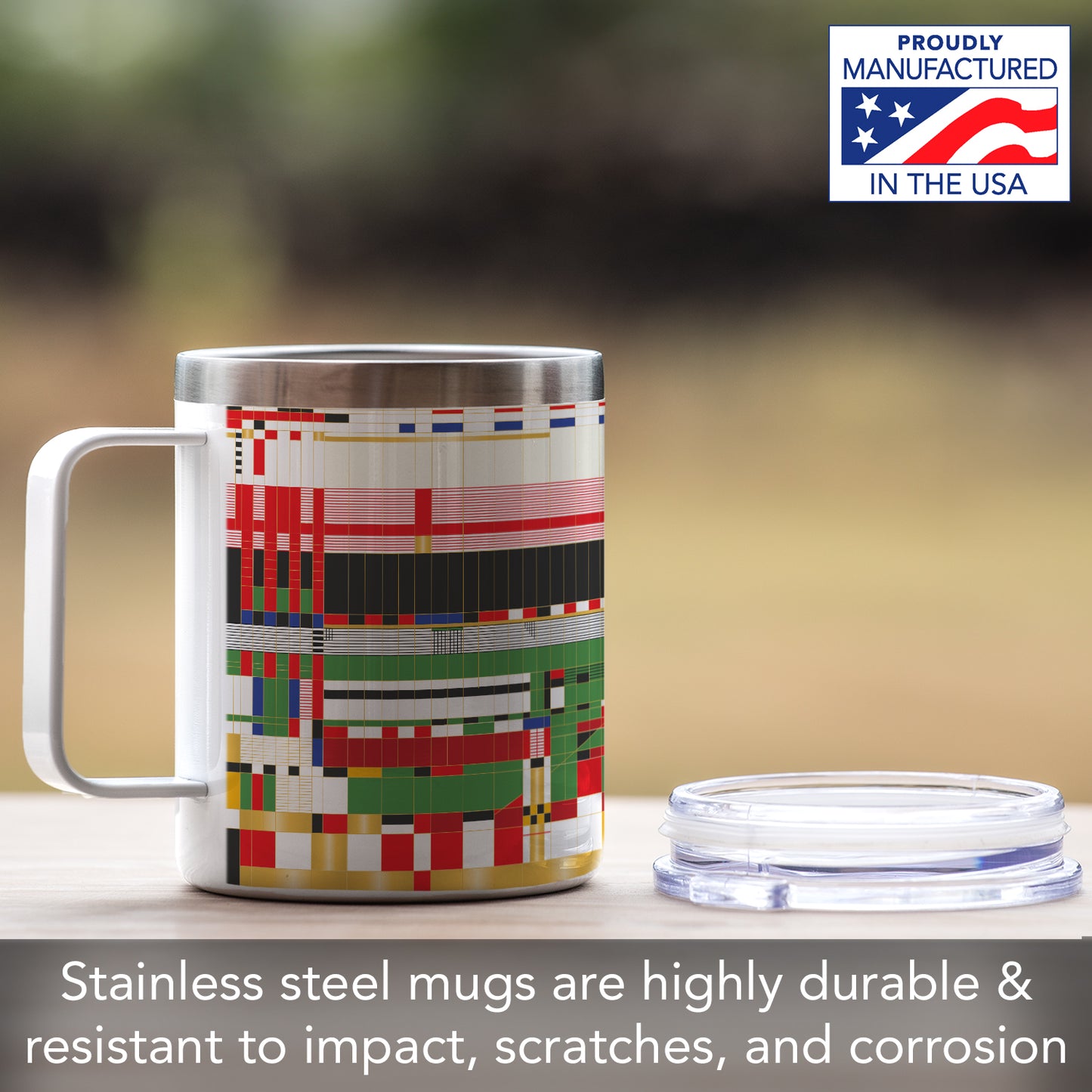 Highland Home Hillside Curtain Design by Frank Lloyd Wright on Stainless Steel Mug with Lid 12 oz. Manufactured in the USA