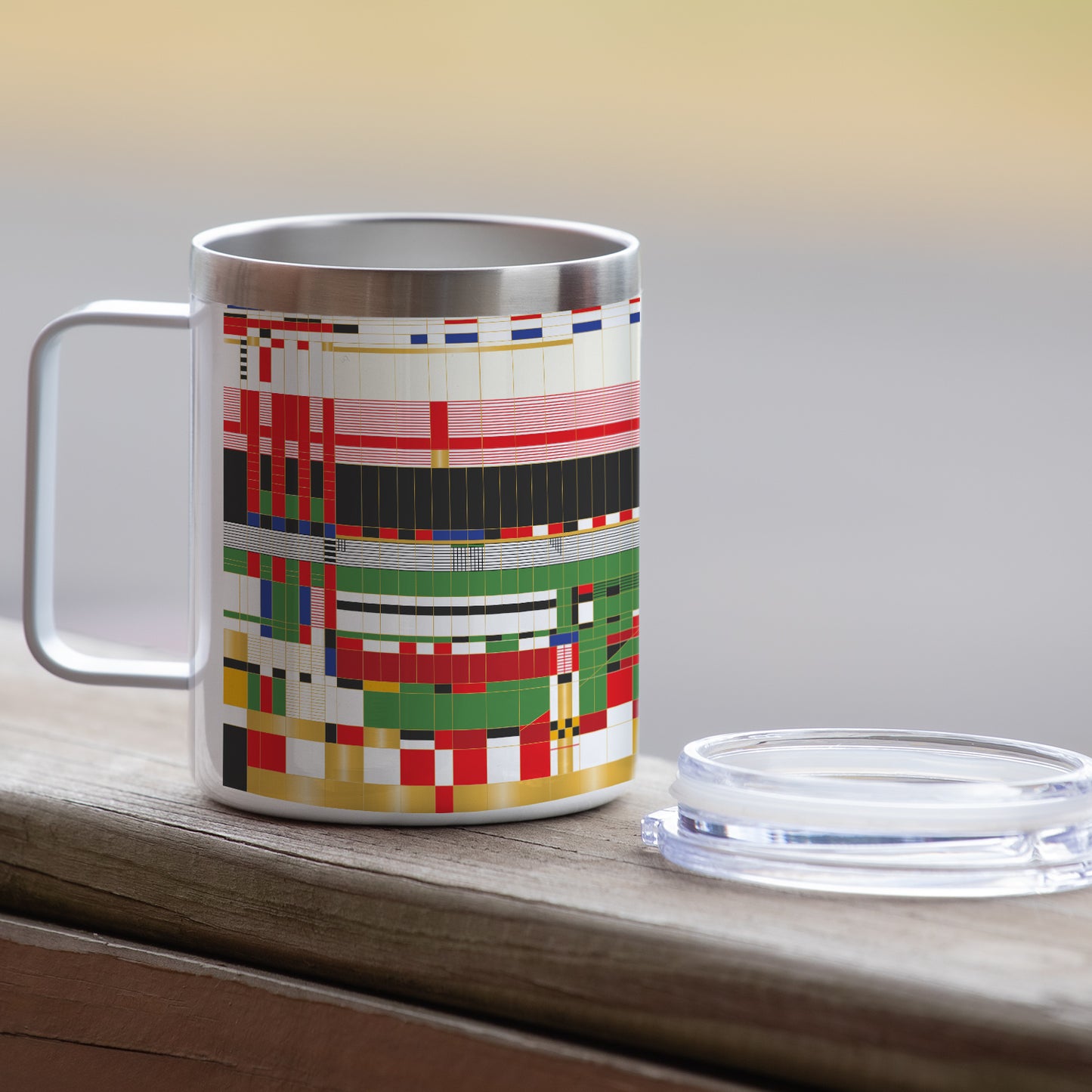 Highland Home Hillside Curtain Design by Frank Lloyd Wright on Stainless Steel Mug with Lid 12 oz. Manufactured in the USA