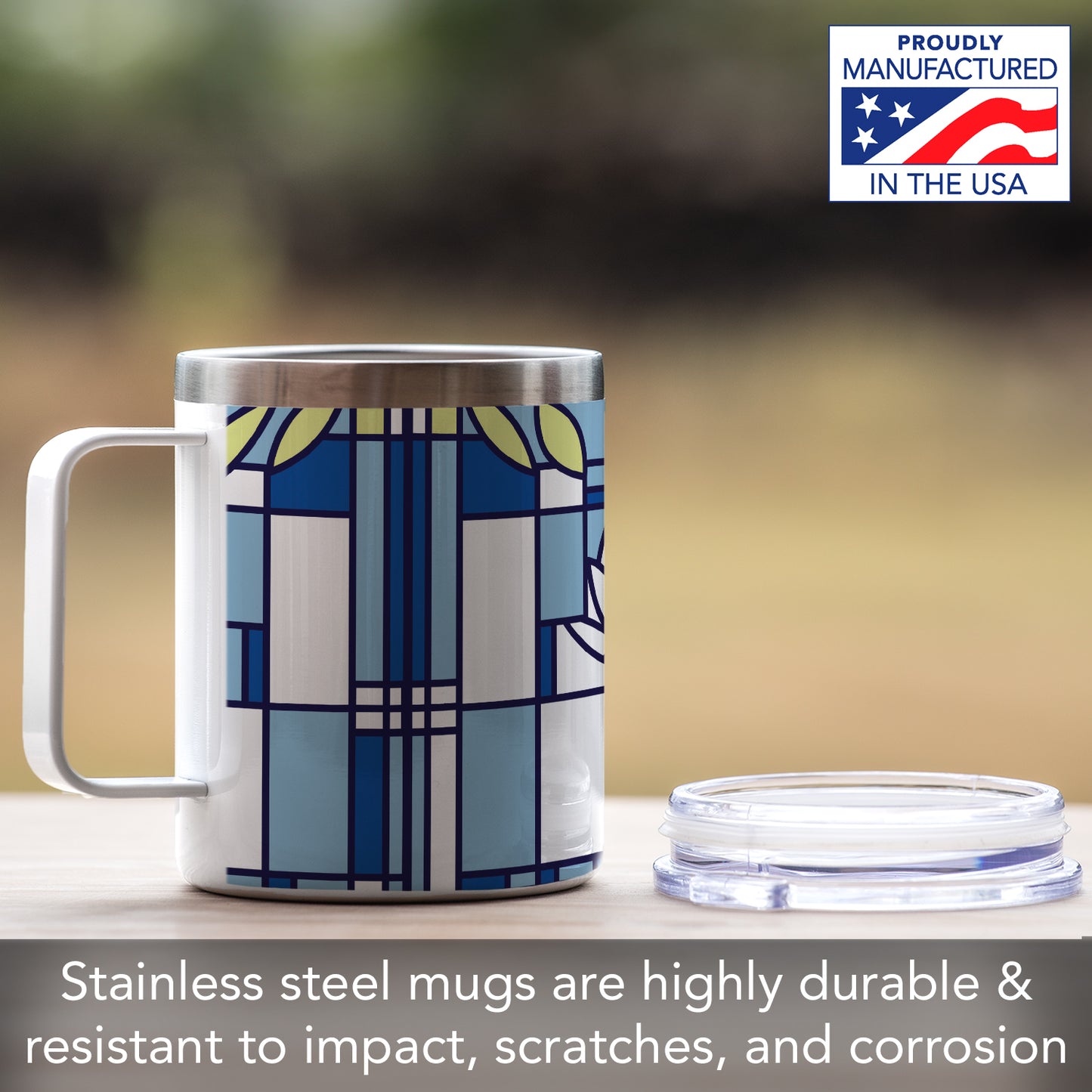 Highland Home Waterlilies Design by Frank Lloyd Wright on Stainless Steel Mug with Lid 12 oz. Manufactured in the USA