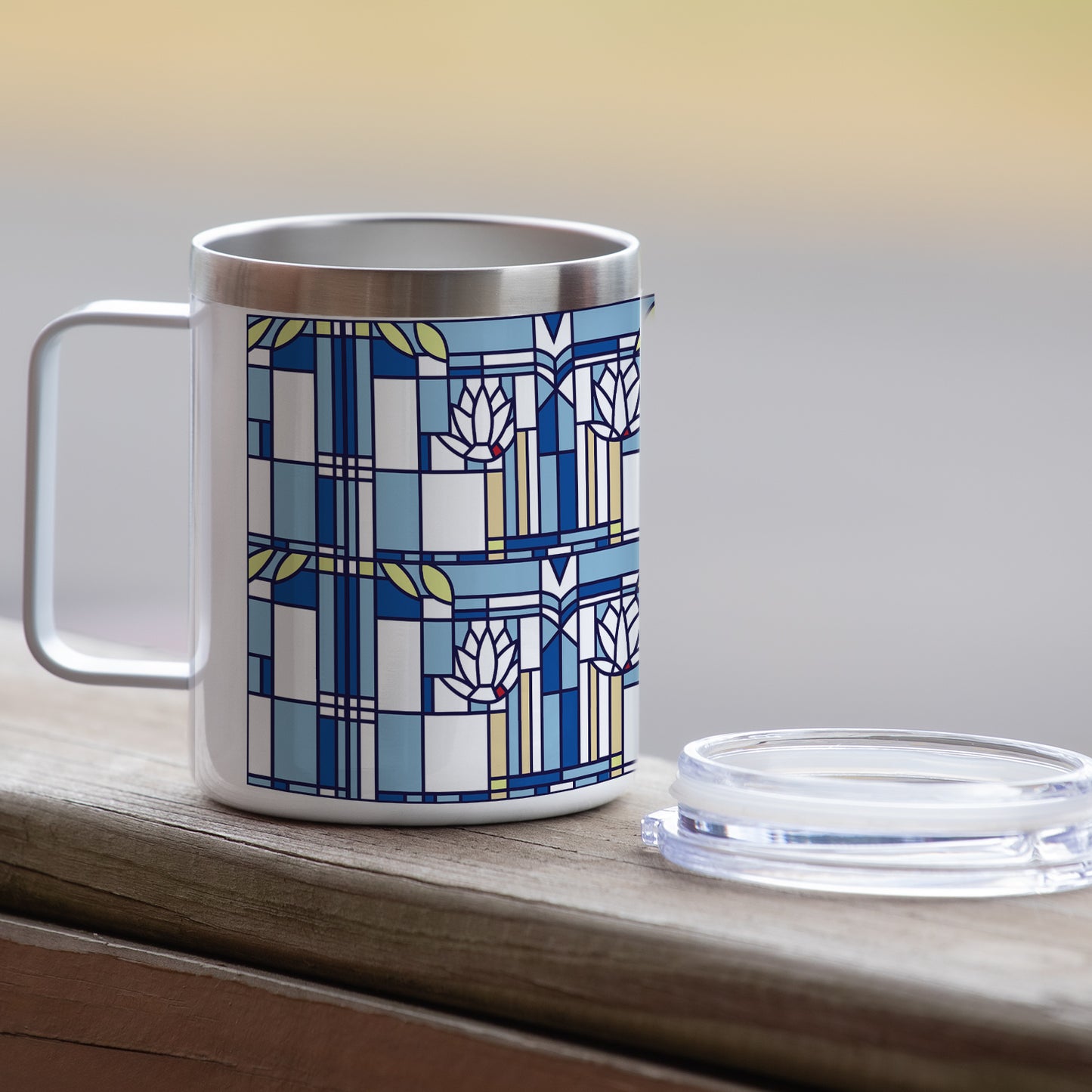 Frank Lloyd Wright's Waterlilies Design on Stainless Steel Mug with Lid 12 oz. Manufactured in the USA