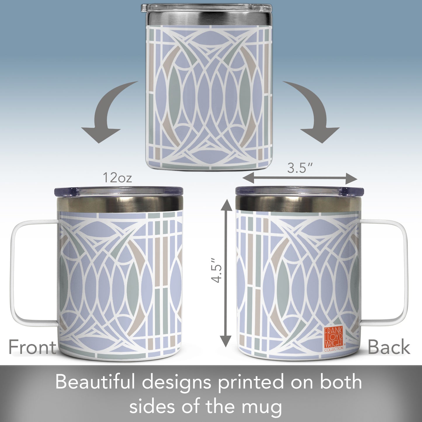 Highland Home Blossom Design by Frank Lloyd Wright on Stainless Steel Mug with Lid 12 oz. Manufactured in the USA