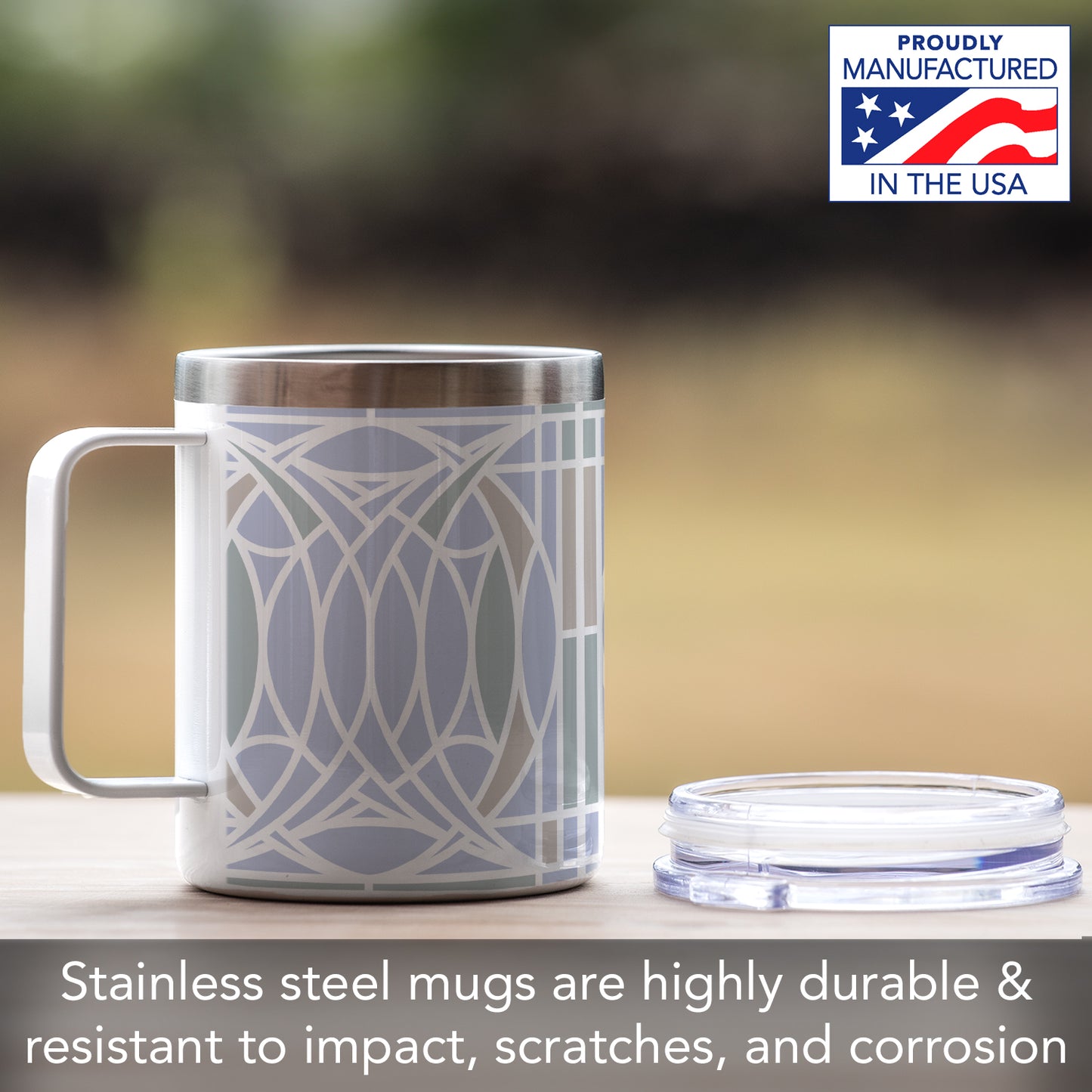 Highland Home Blossom Design by Frank Lloyd Wright on Stainless Steel Mug with Lid 12 oz. Manufactured in the USA