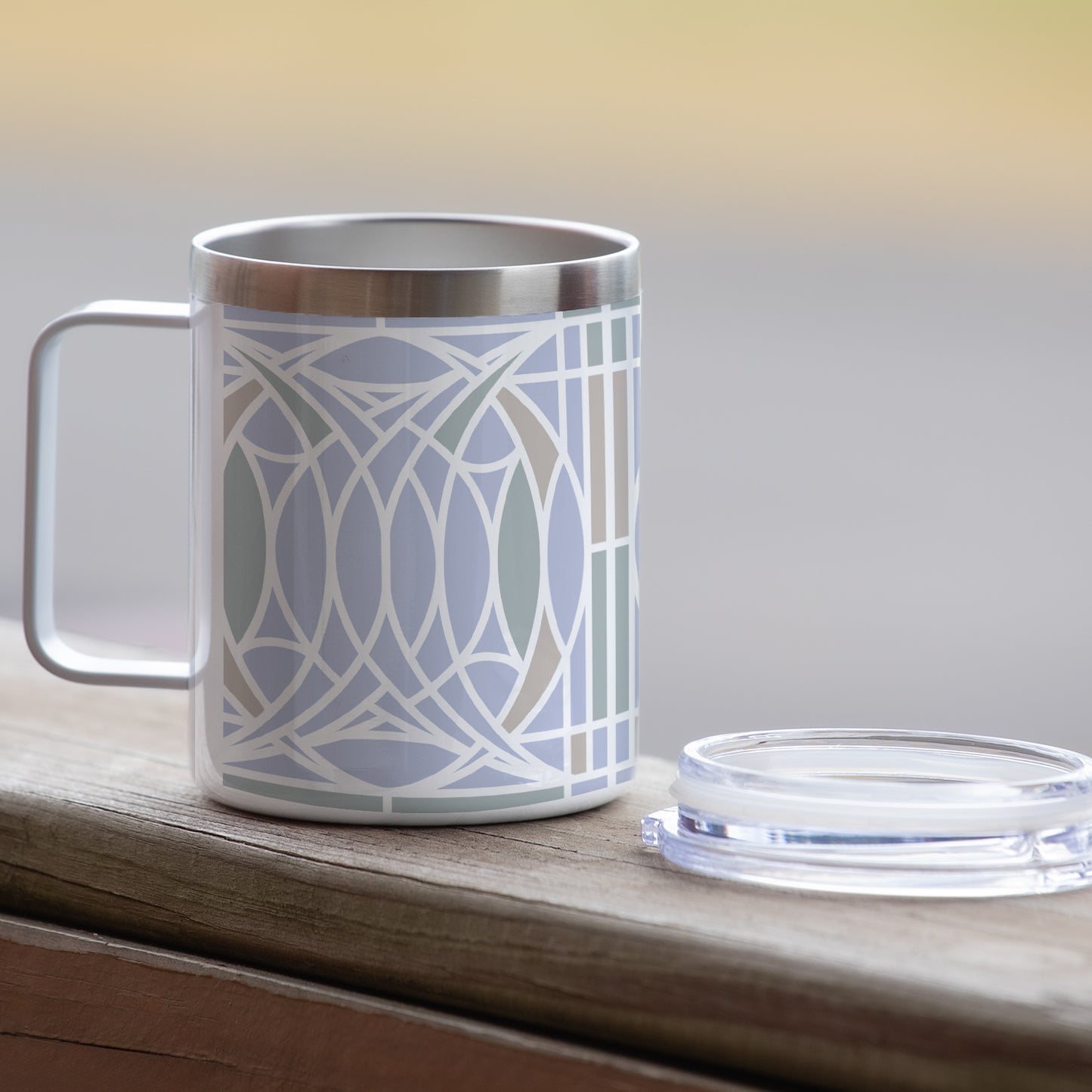 Highland Home Blossom Design by Frank Lloyd Wright on Stainless Steel Mug with Lid 12 oz. Manufactured in the USA