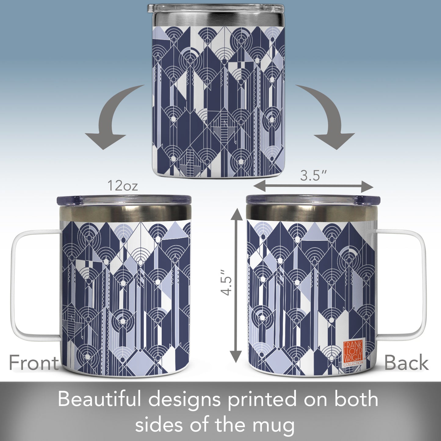 Highland Home April Showers Design by Frank Lloyd Wright on Stainless Steel Mug with Lid 12 oz. Manufactured in the USA