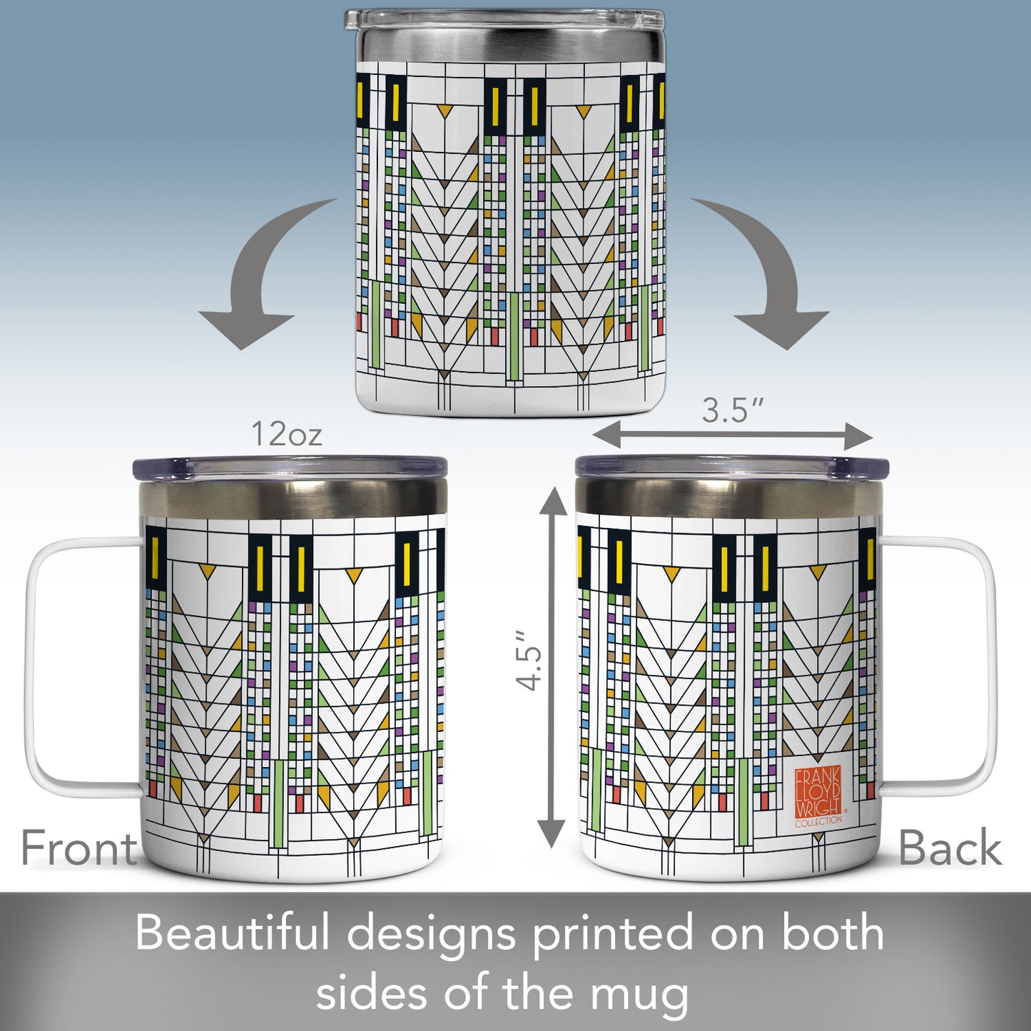 Highland Home Tree of Life Design by Frank Lloyd Wright on Stainless Steel Mug with Lid 12 oz. Manufactured in the USA