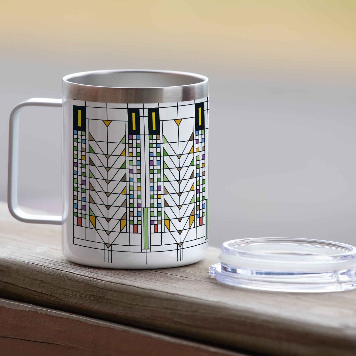 Highland Home Tree of Life Design by Frank Lloyd Wright on Stainless Steel Mug with Lid 12 oz. Manufactured in the USA