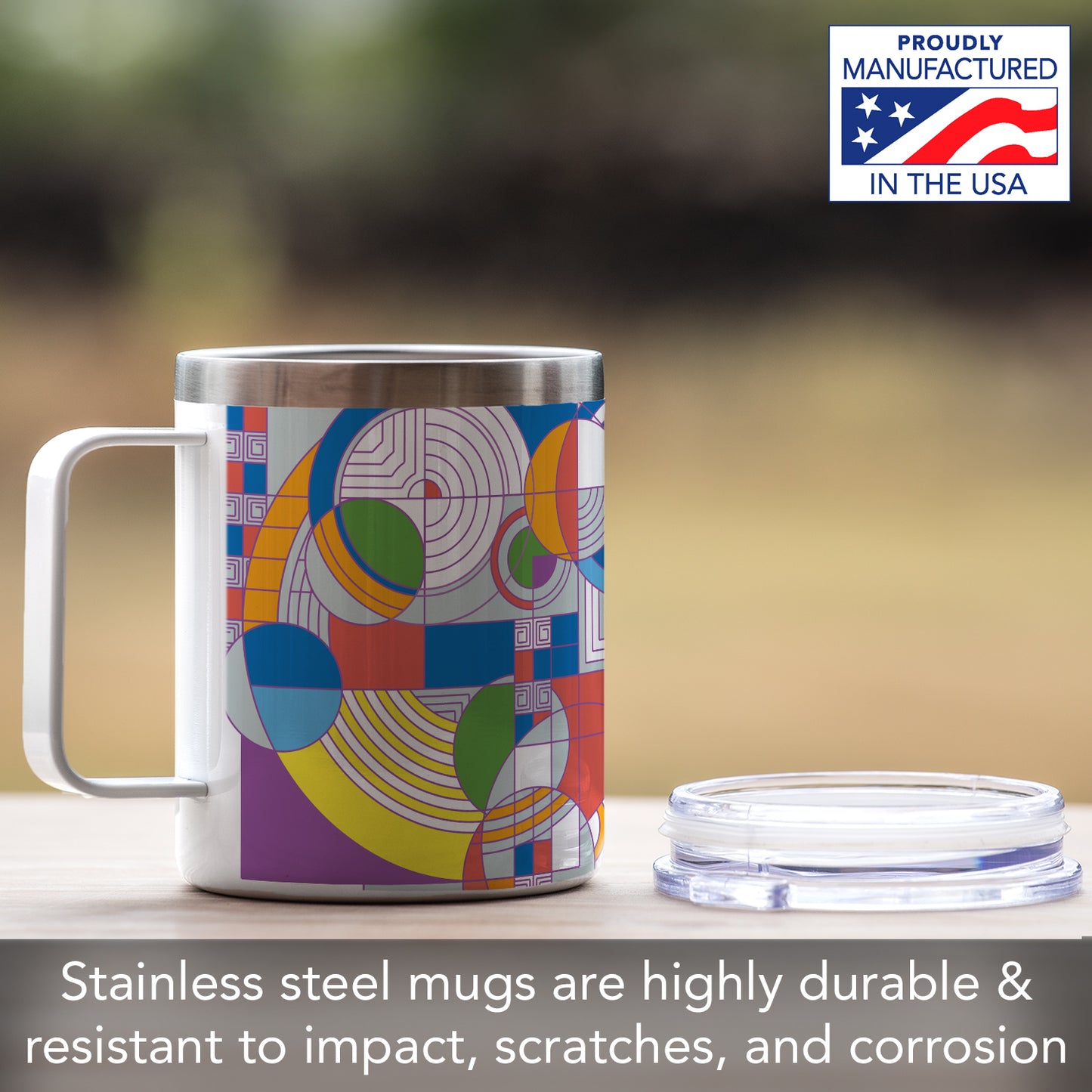 Highland Home Hoffman Rug Design by Frank Lloyd Wright on Stainless Steel Mug with Lid 12 oz. Manufactured in the USA
