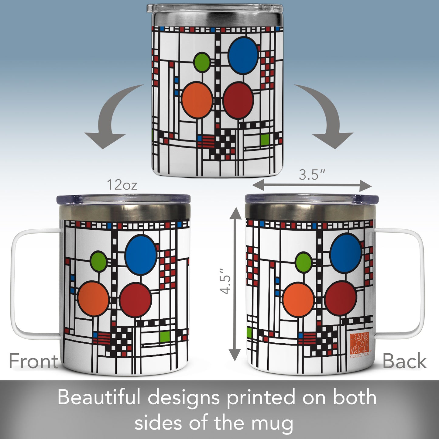 Highland Home Coonley Playhouse Window Design by Frank Lloyd Wright on Stainless Steel Mug with Lid 12 oz. Manufactured in the USA