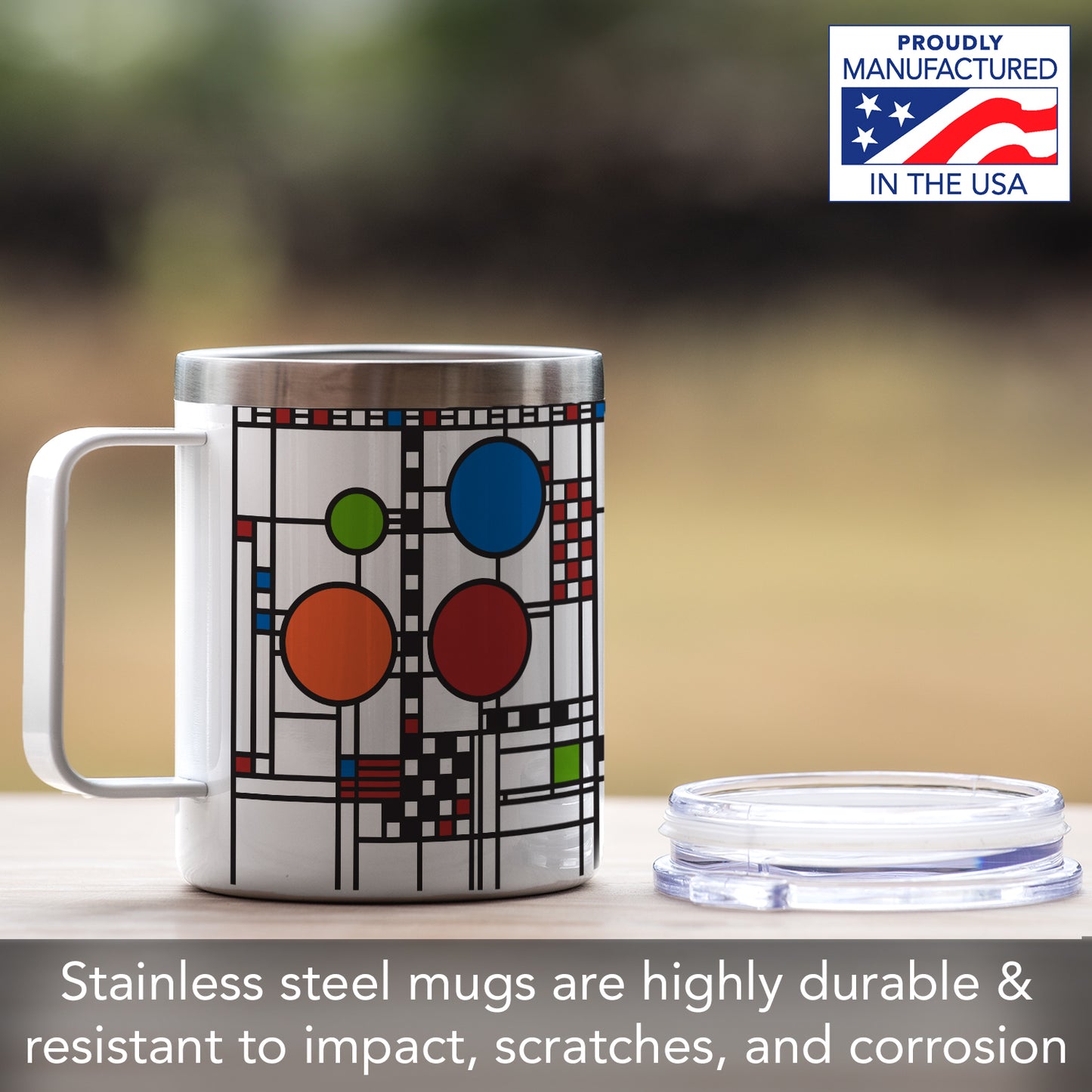 Highland Home Coonley Playhouse Window Design by Frank Lloyd Wright on Stainless Steel Mug with Lid 12 oz. Manufactured in the USA