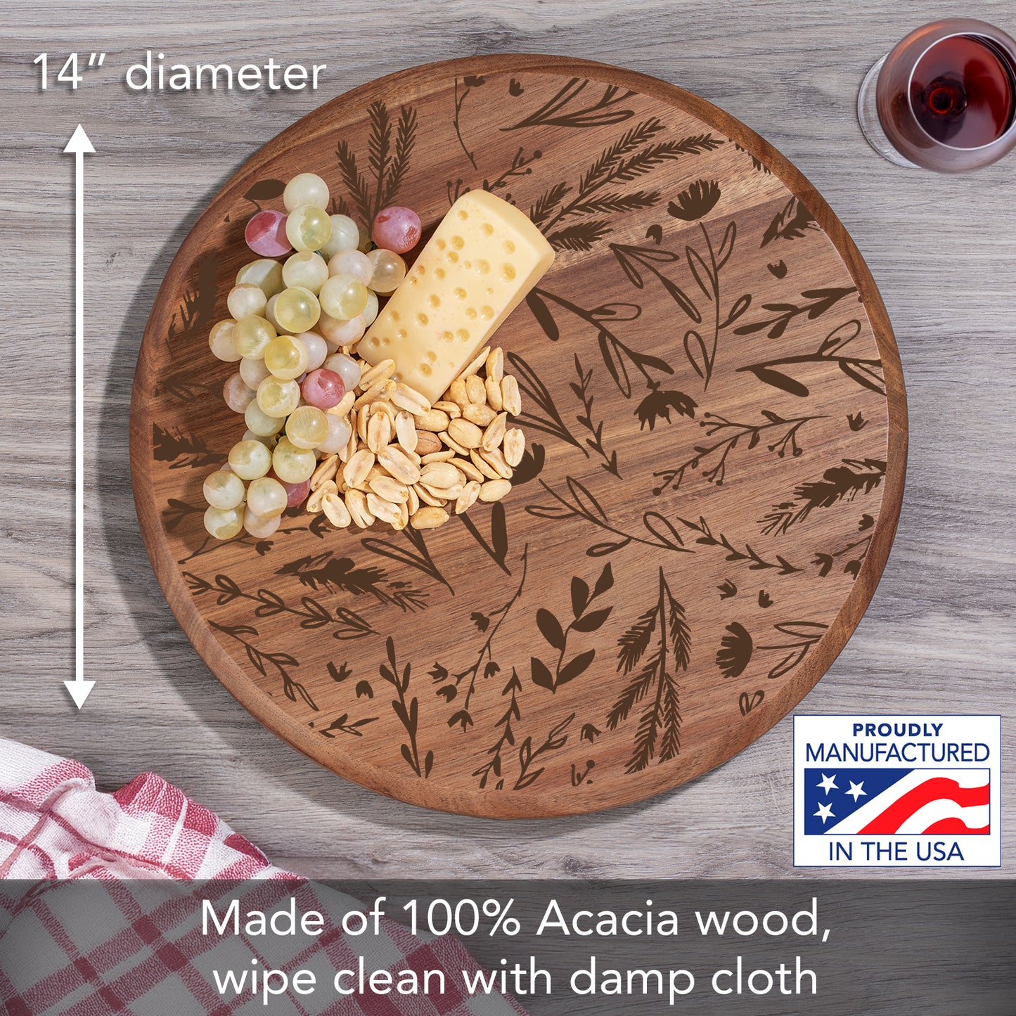 Thirstystone Acacia Wood Lazy Susan, Round Turntable for Serving, Kitchen Organizer & Rotating Platter - Meadow with Etched Floral Design