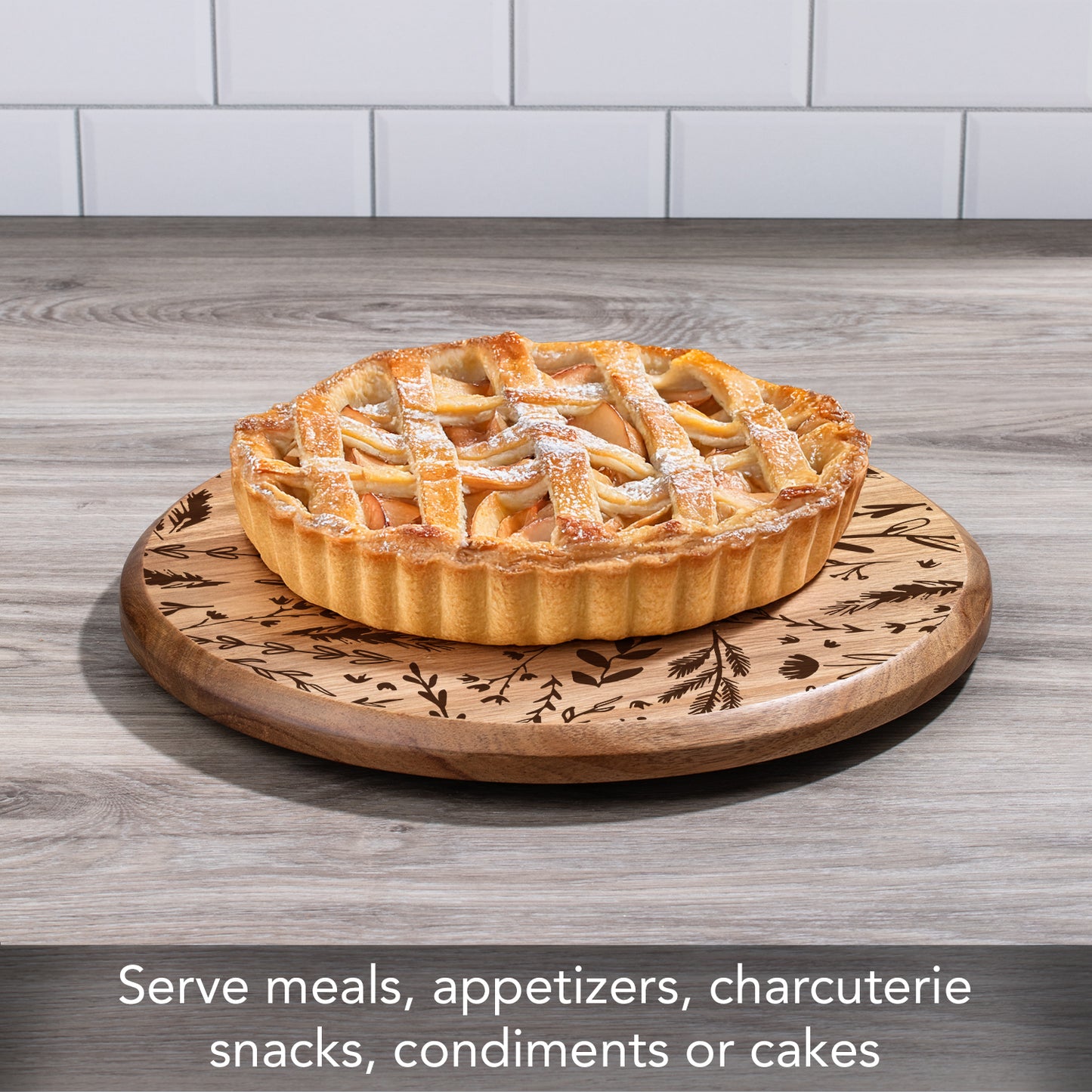 Thirstystone Acacia Wood Lazy Susan, Round Turntable for Serving, Kitchen Organizer & Rotating Platter - Meadow with Etched Floral Design