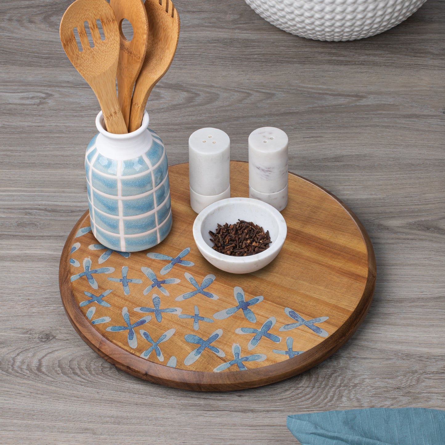 Thirstystone Acacia Wood Lazy Susan Turntable with Decorative Blue Floral Design 14" Diameter Condiment Caddy, Server, Kitchen Organizer