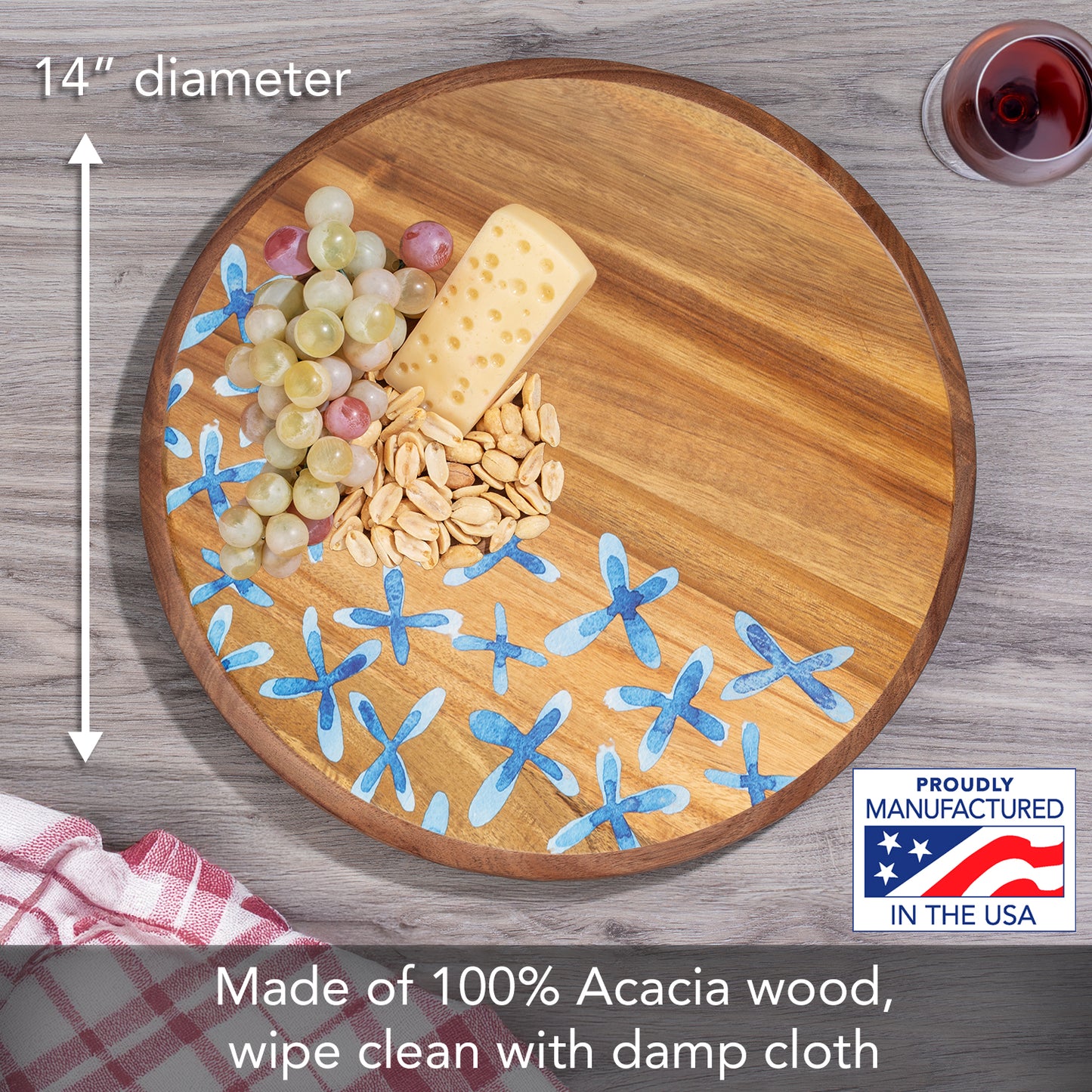 Thirstystone Acacia Wood Lazy Susan Turntable with Decorative Blue Floral Design 14" Diameter Condiment Caddy, Server, Kitchen Organizer