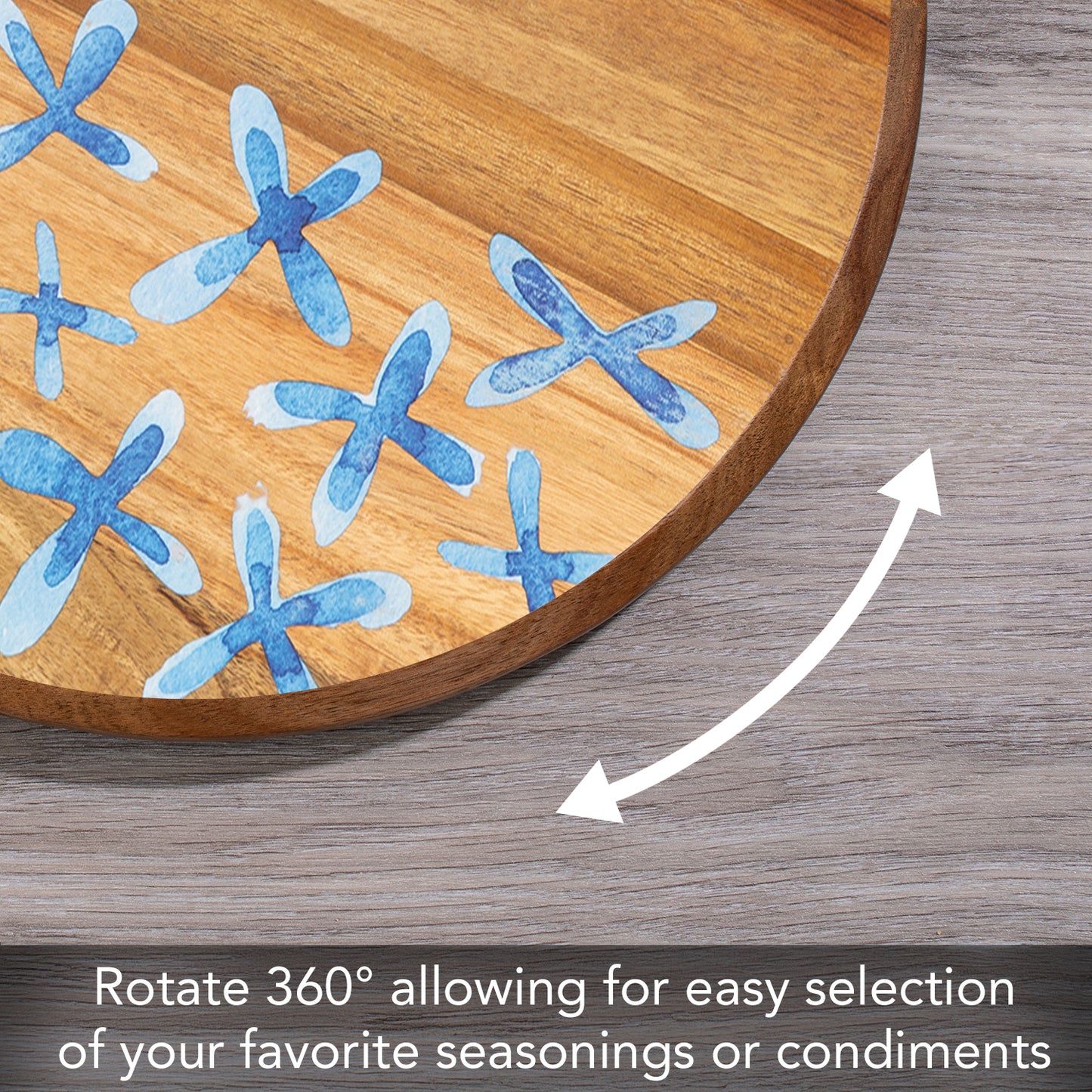 Thirstystone Acacia Wood Lazy Susan Turntable with Decorative Blue Floral Design 14" Diameter Condiment Caddy, Server, Kitchen Organizer