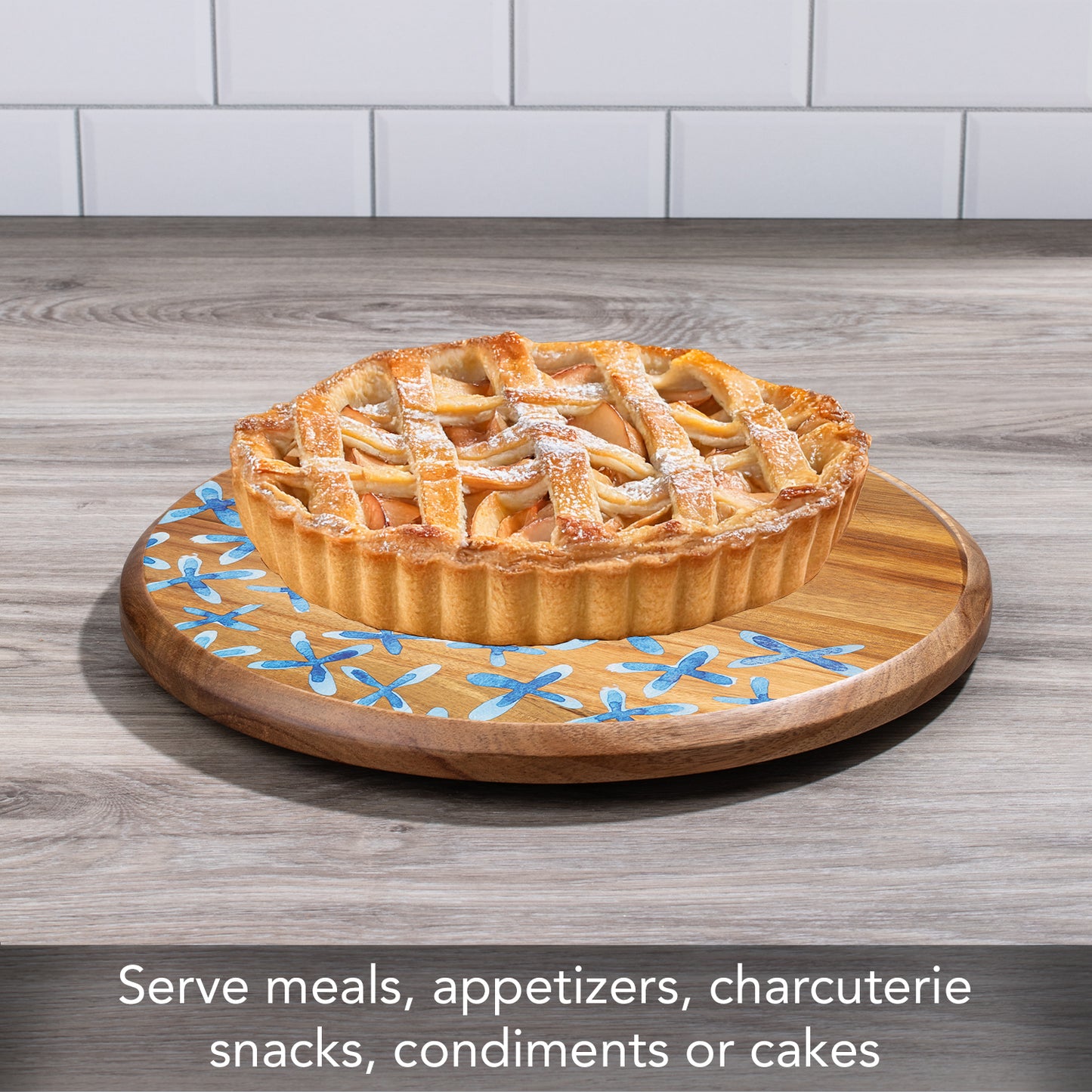 Thirstystone Acacia Wood Lazy Susan Turntable with Decorative Blue Floral Design 14" Diameter Condiment Caddy, Server, Kitchen Organizer