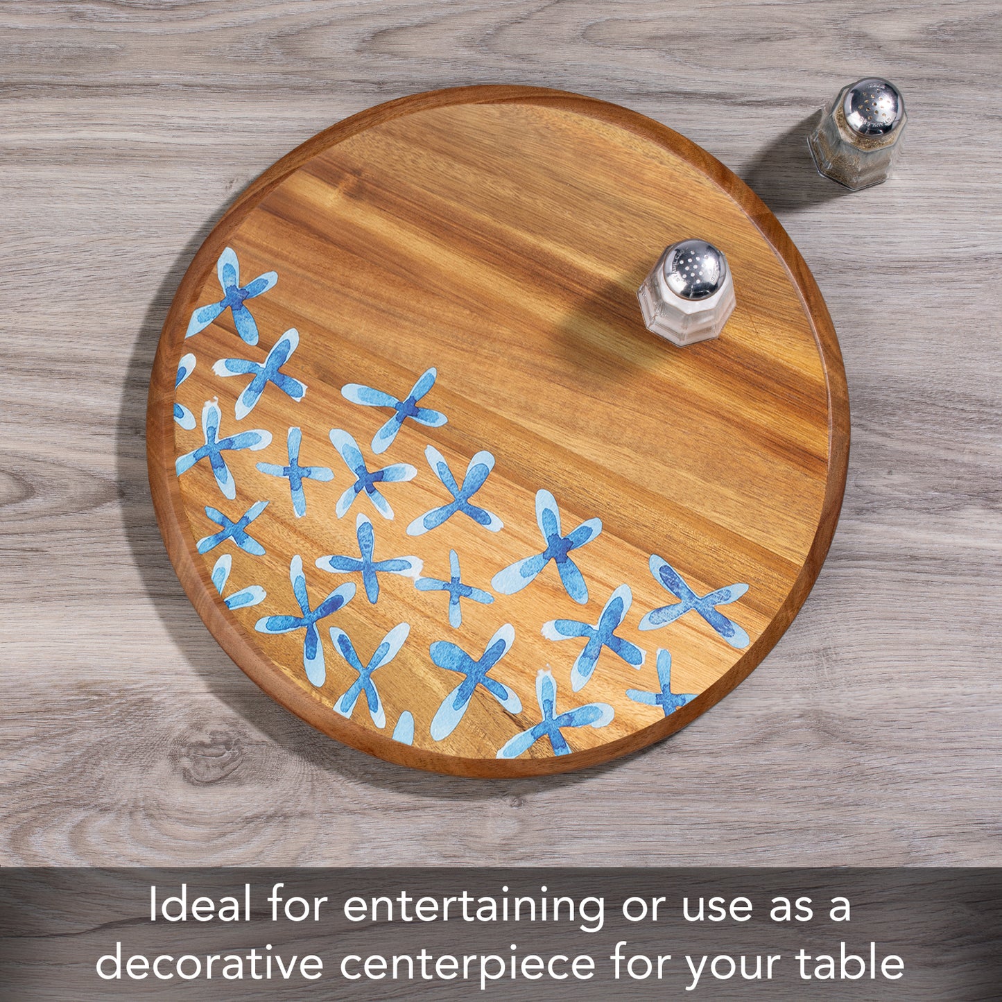 Thirstystone Acacia Wood Lazy Susan Turntable with Decorative Blue Floral Design 14" Diameter Condiment Caddy, Server, Kitchen Organizer