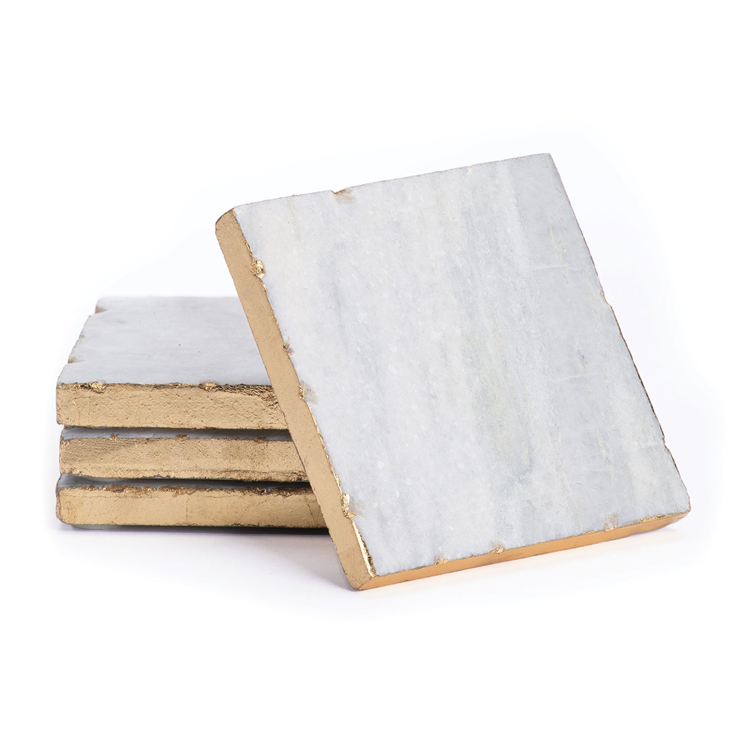 Thirstystone 4 Pack Square White Marble/Gold Edged Coasters All Natural Stone With Non-Slip Feet, Absorbent & Protects Table