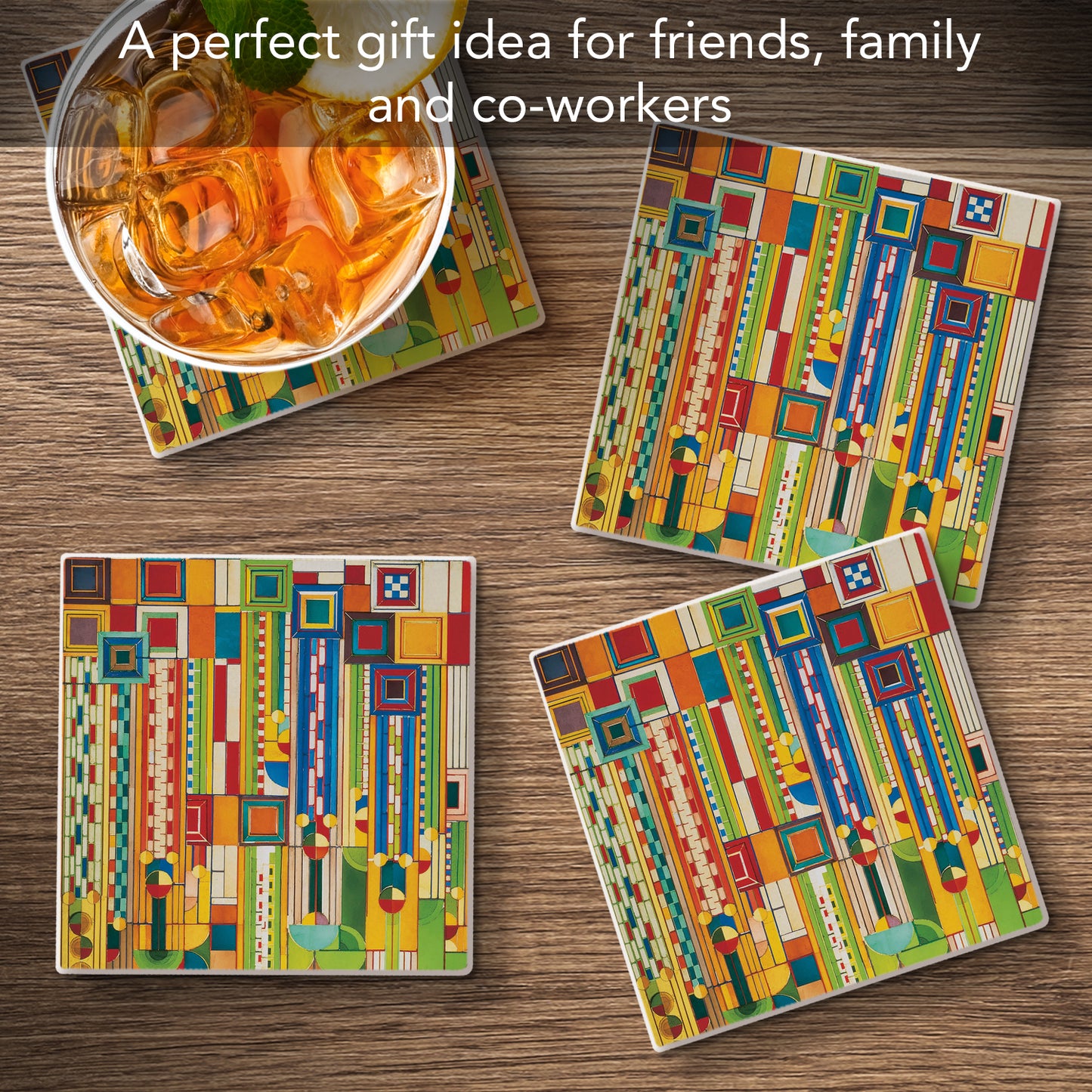Sagauro Forms Design from Frank Lloyd Wright Foundation on 4-Pack Absorbent Stone Square Coasters with Protective Cork Backing Manufactured in The USA