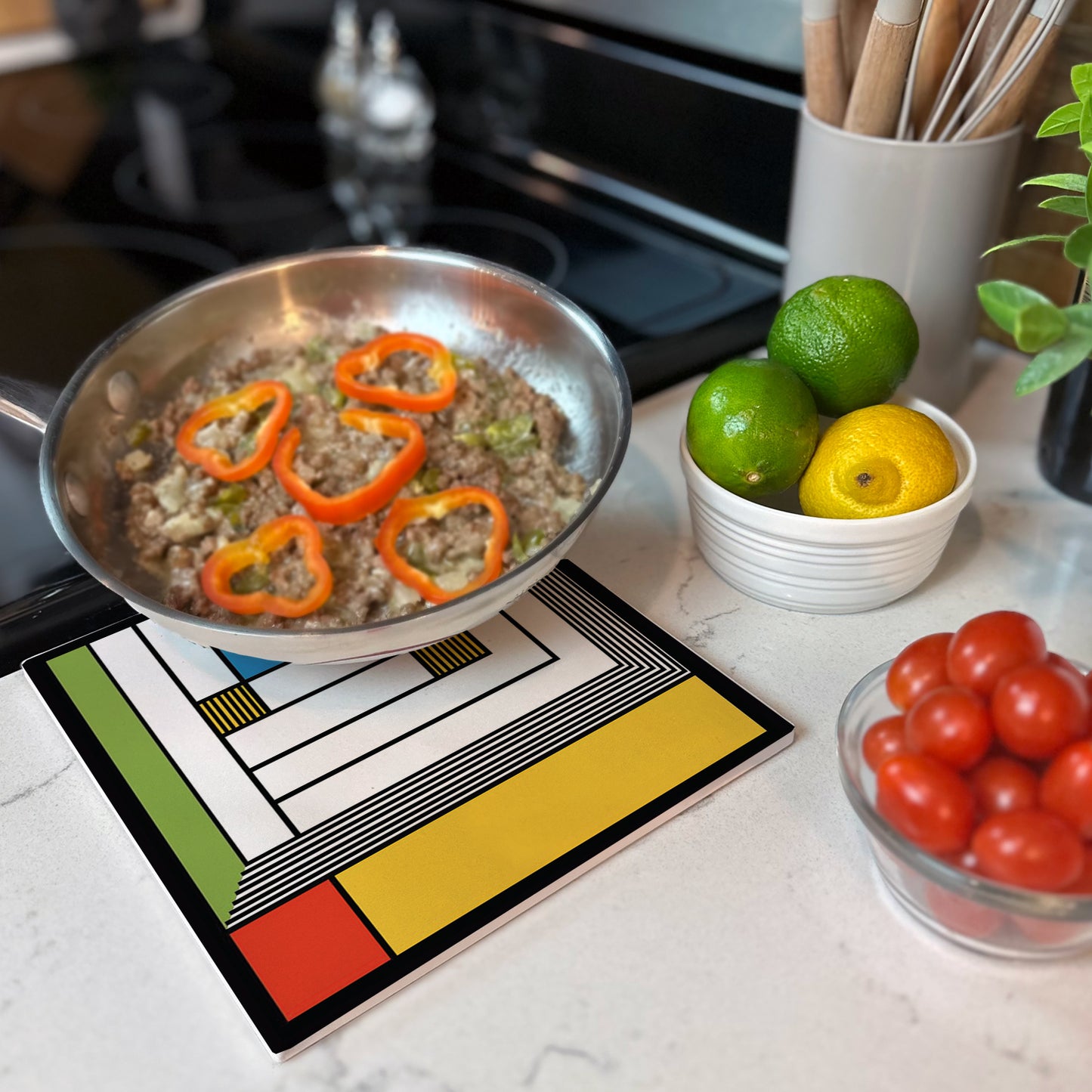 Frank Lloyd Wright's Rug-Yellow Design on 8" Square Stone Trivet Manufactured in The USA Heat Tolerant Easily Wipes Clean