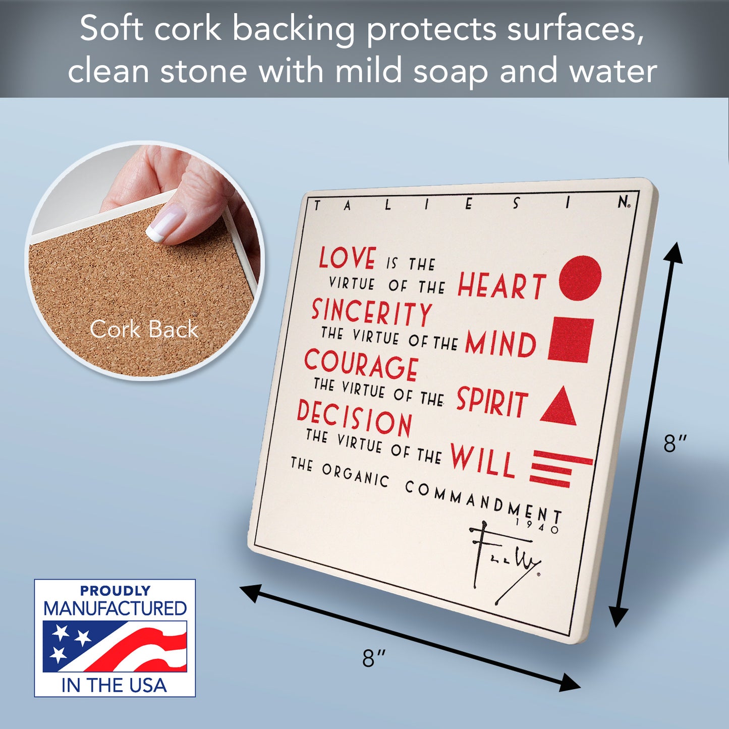 Organic Commandment Design from F.L.W. Foundation on 8" Square Stone Trivet Manufactured in The USA Heat Tolerant Easily Wipes Clean