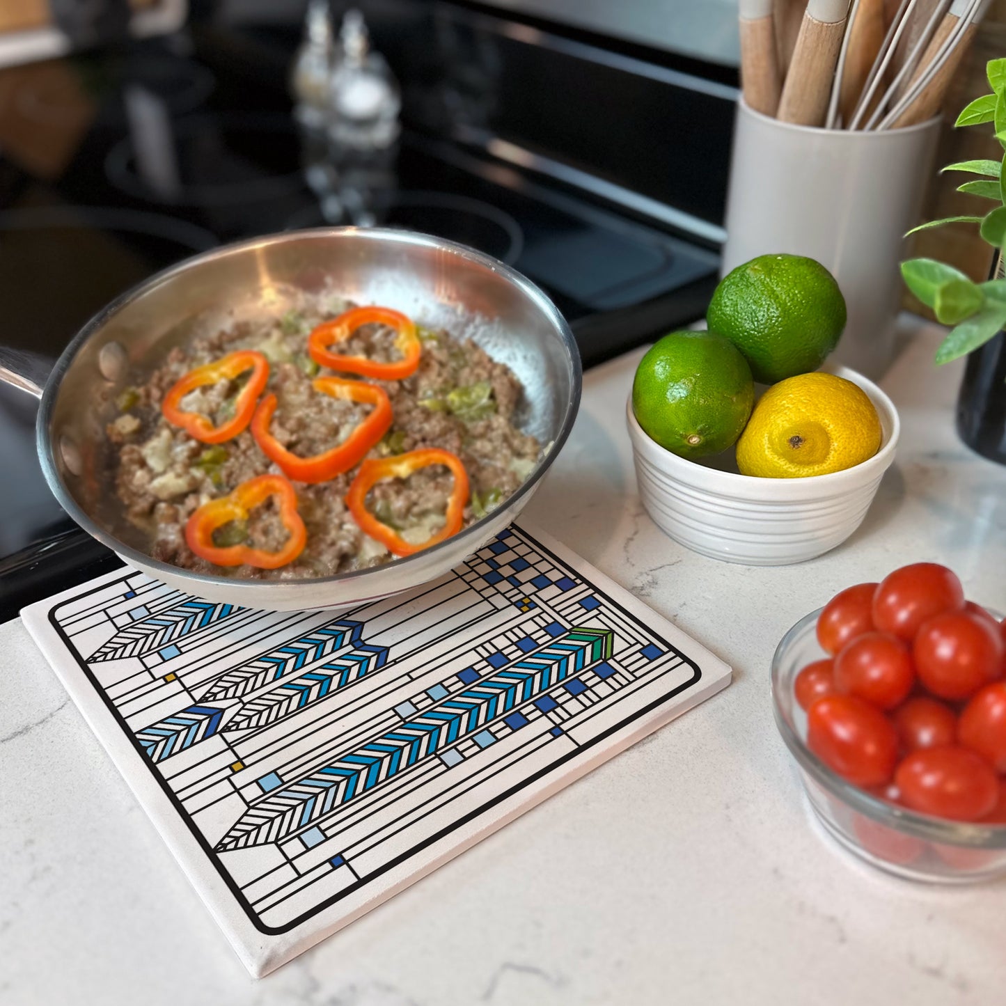 Frank Lloyd Wright's Ennis House IIII Design on 8" Square Stone Trivet Manufactured in The USA Heat Tolerant Easily Wipes Clean