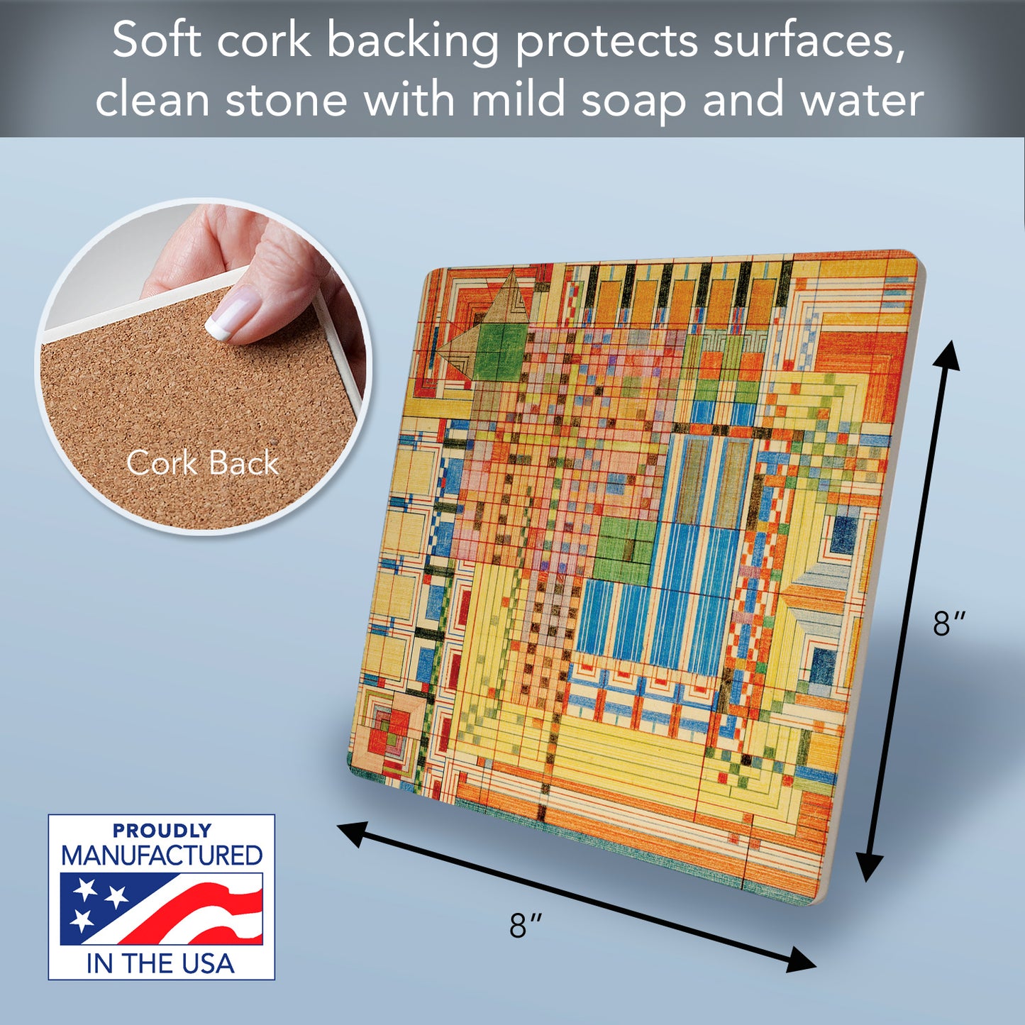 Old Fashioned Window Design from Frank Lloyd Wright Foundation on 8" Square Stone Trivet Manufactured in The USA Heat Tolerant Easily Wipes Clean