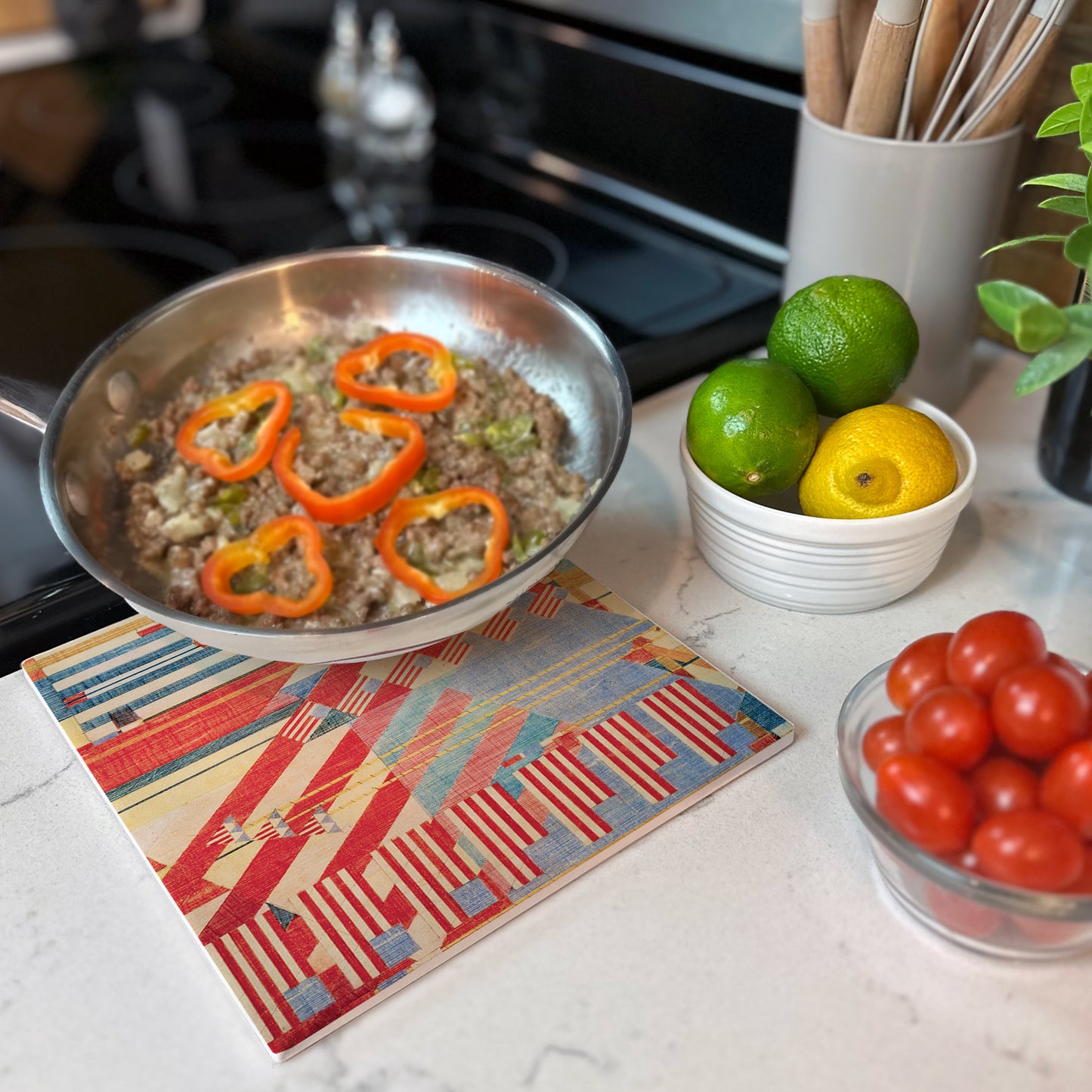 Frank Lloyd Wright's July Fourth Design on 8" Square Stone Trivet Manufactured in The USA Heat Tolerant Easily Wipes Clean
