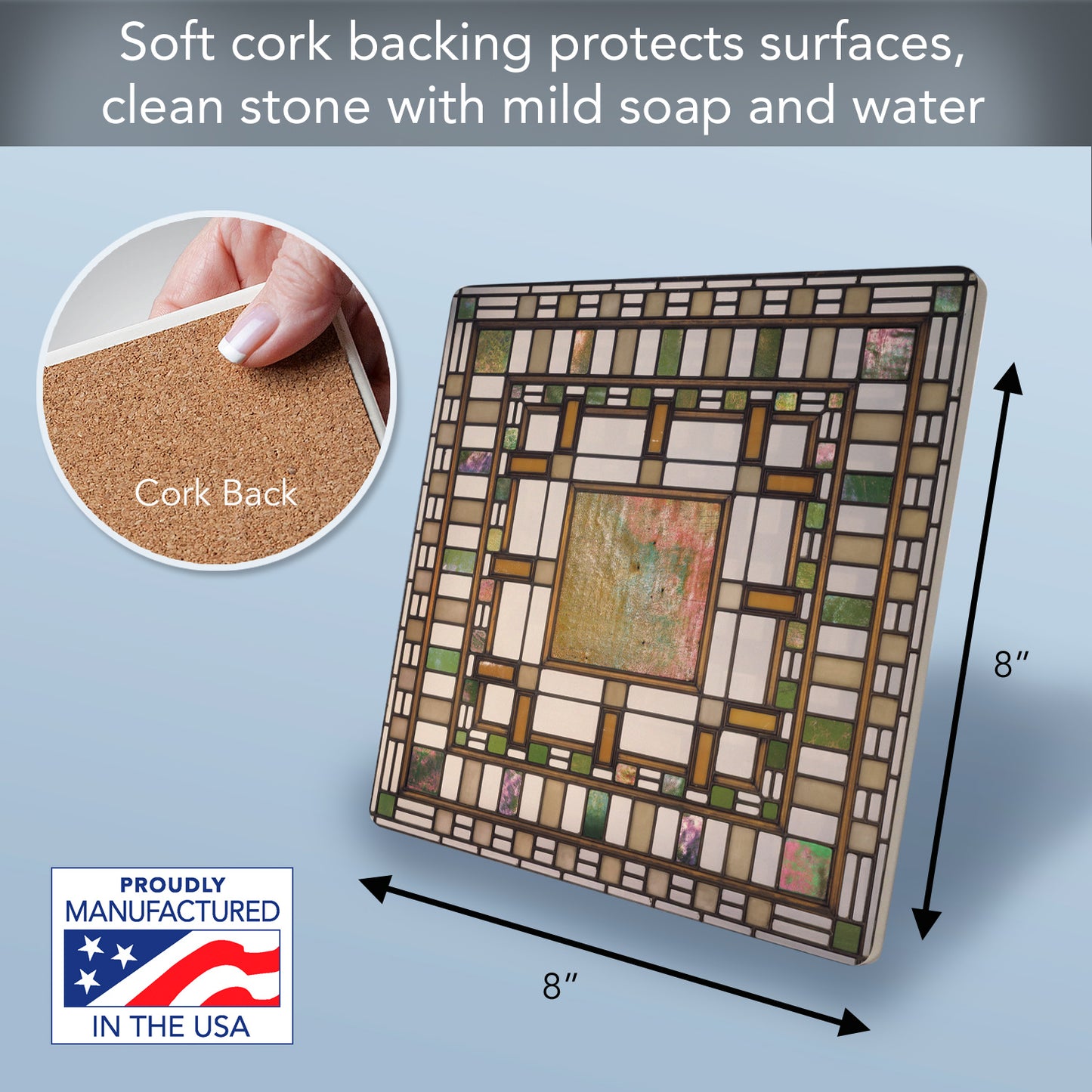 Frank Lloyd Wright's Darwin D. Martin House Pier Design on 8" Square Stone Trivet Manufactured in The USA Heat Tolerant Easily Wipes Clean