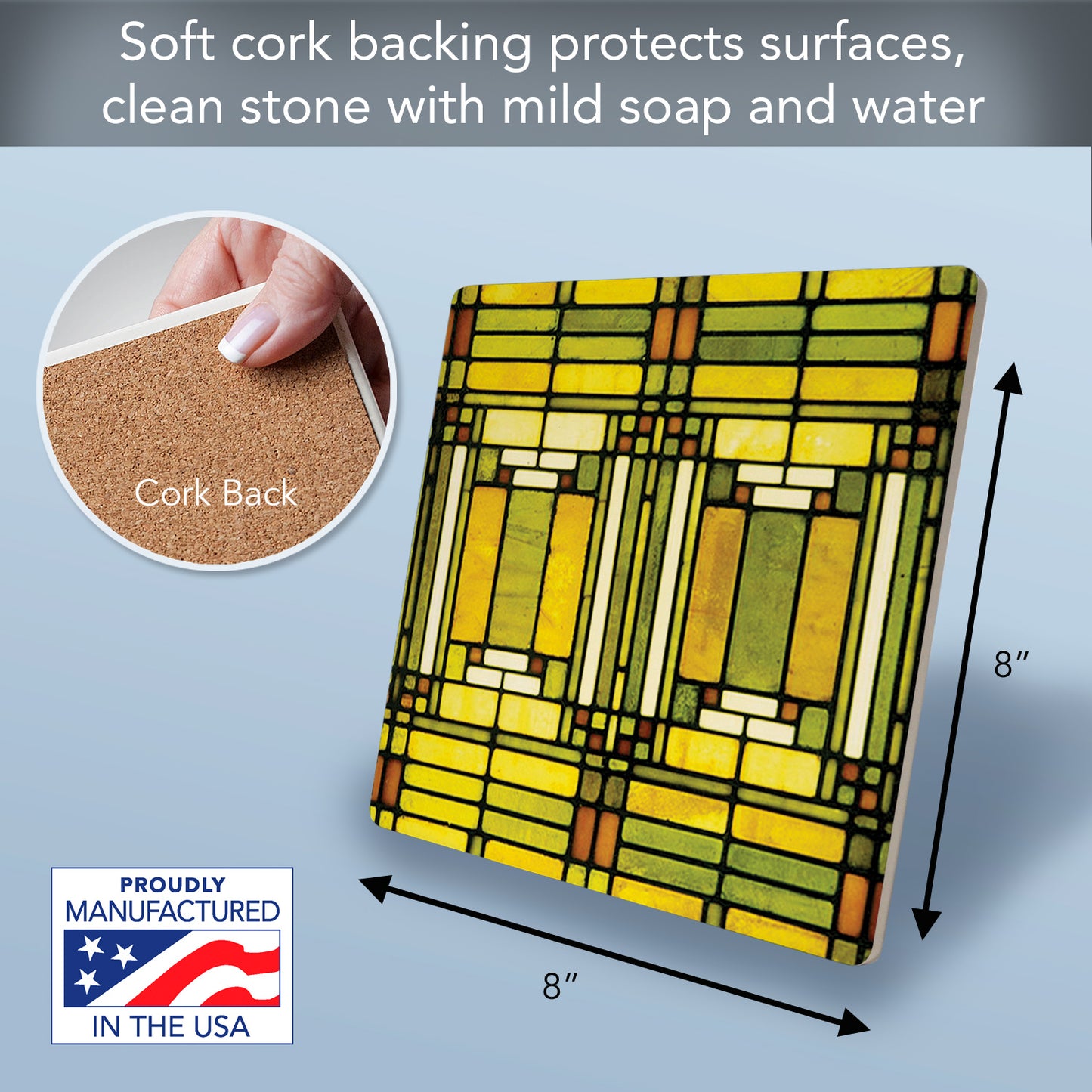 Frank Lloyd Wright's Oak Park Skylight Design on 8" Square Stone Trivet Manufactured in The USA Heat Tolerant Easily Wipes Clean