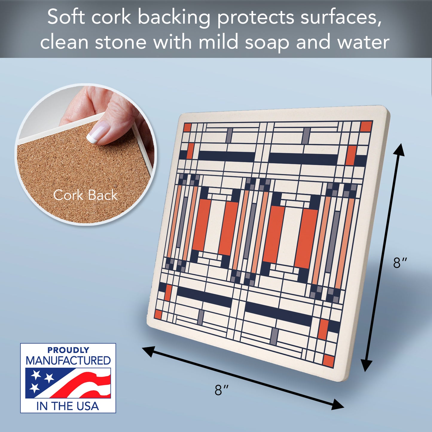 Frank Lloyd Wright's Oak Park I Design on 8" Square Stone Trivet Manufactured in The USA Heat Tolerant Easily Wipes Clean