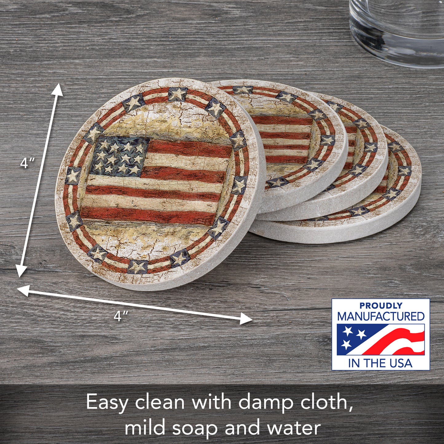 Thirstystone Americana Natural Sandstone Coaster 4 Pack Eco-Friendly, Absorbent, Easily Wipes Clean