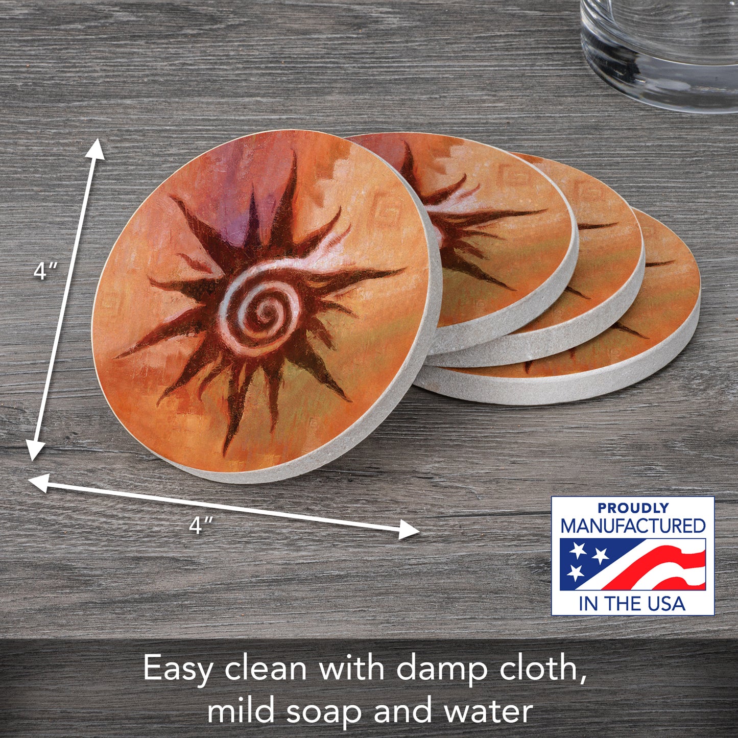 Thirstystone Spiral Sun 4 Pack Natural Sandstone Coaster 4" Round