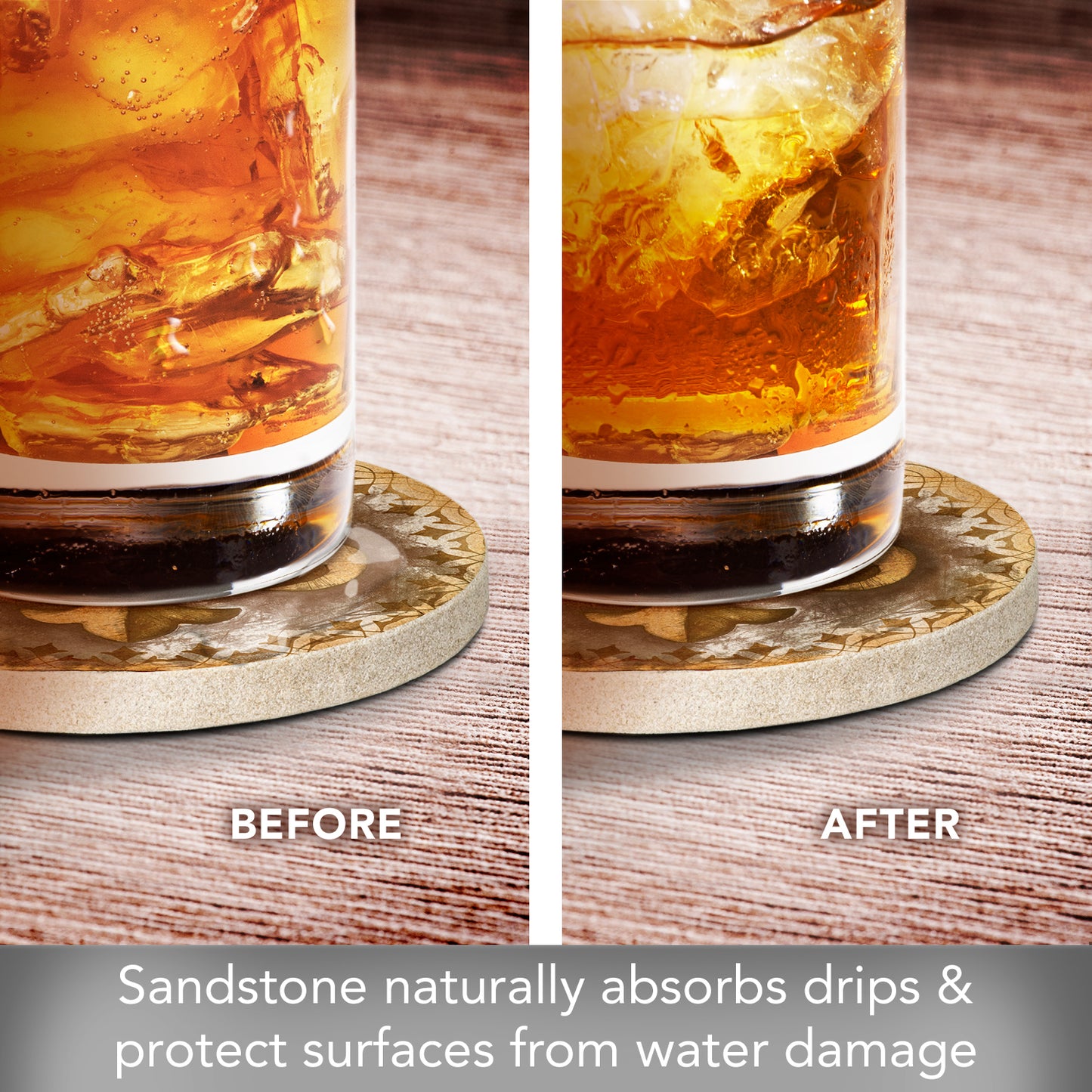 Thirstystone Gold Fleur de Lis 4 Pack Natural Sandstone Coasters 4" Round