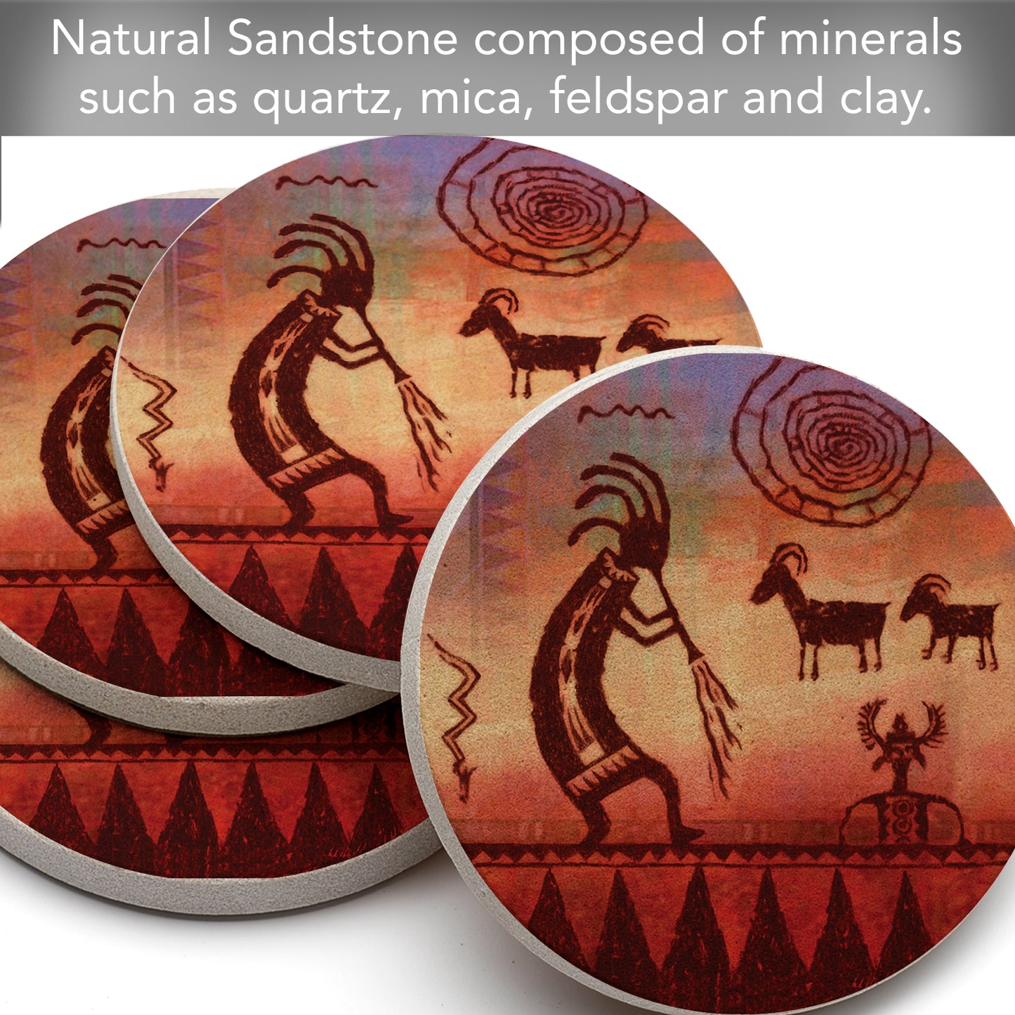 Thirstystone Kokopelli Petroglyph Natural Sandstone Coaster 4 Pack Eco-Friendly, Absorbent, Easily Wipes Clean