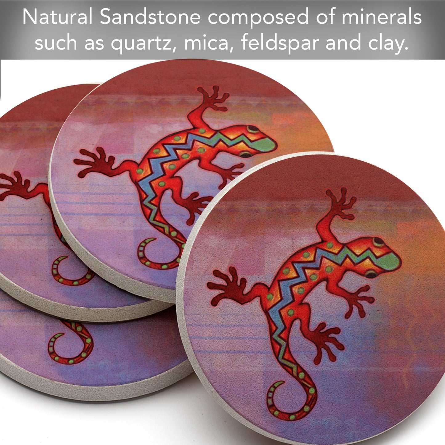 Thirstystone Gecko Natural Sandstone Coaster 4 Pack Eco-Friendly, Absorbent, Easily Wipes Clean