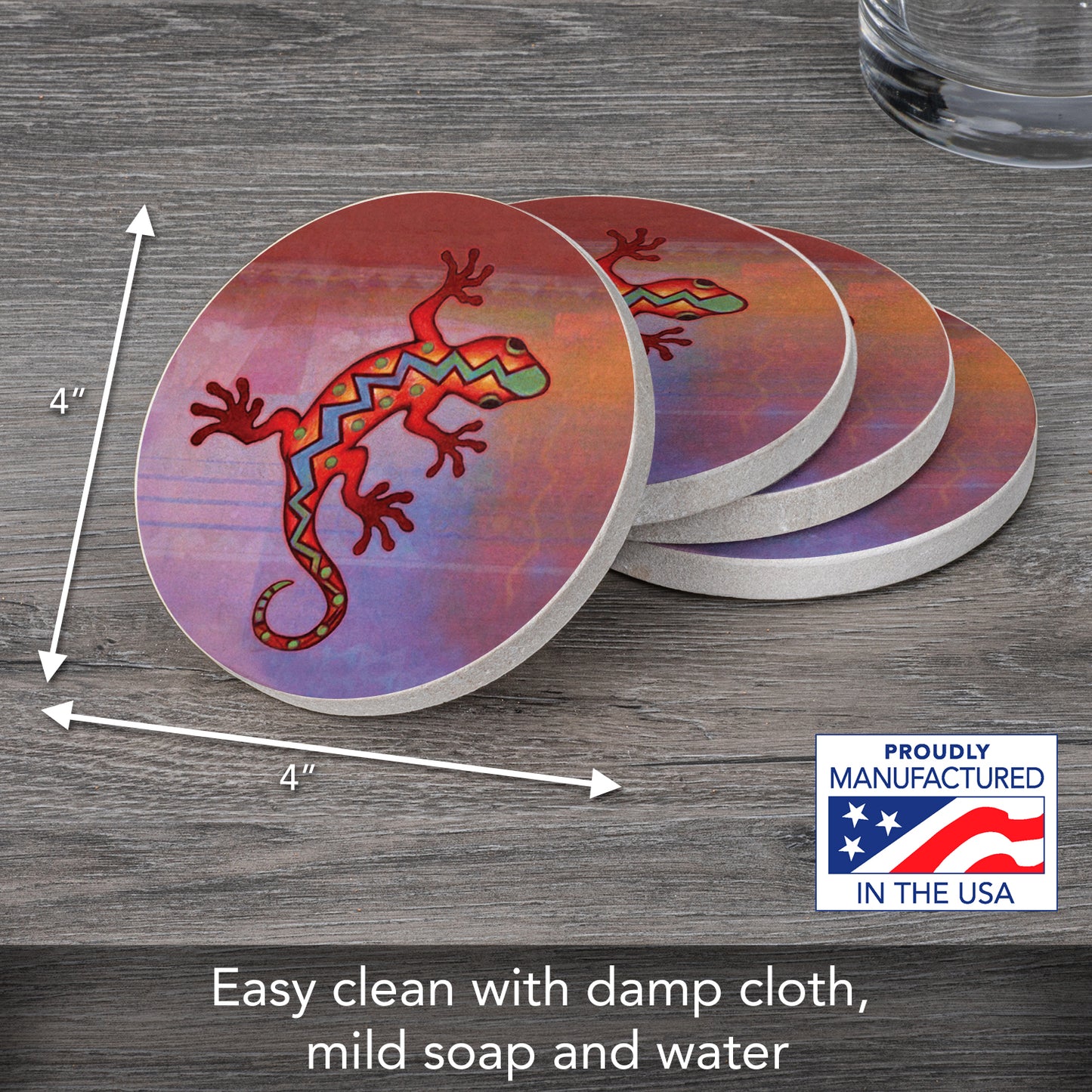 Thirstystone Gecko Natural Sandstone Coaster 4 Pack Eco-Friendly, Absorbent, Easily Wipes Clean