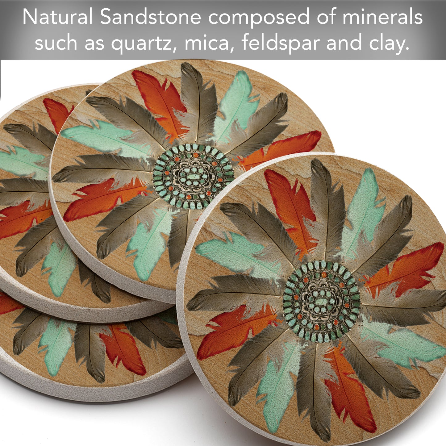 Thirstystone Feather Medallion Natural Sandstone Coaster 4 Pack Eco-Friendly, Absorbent, Easily Wipes Clean