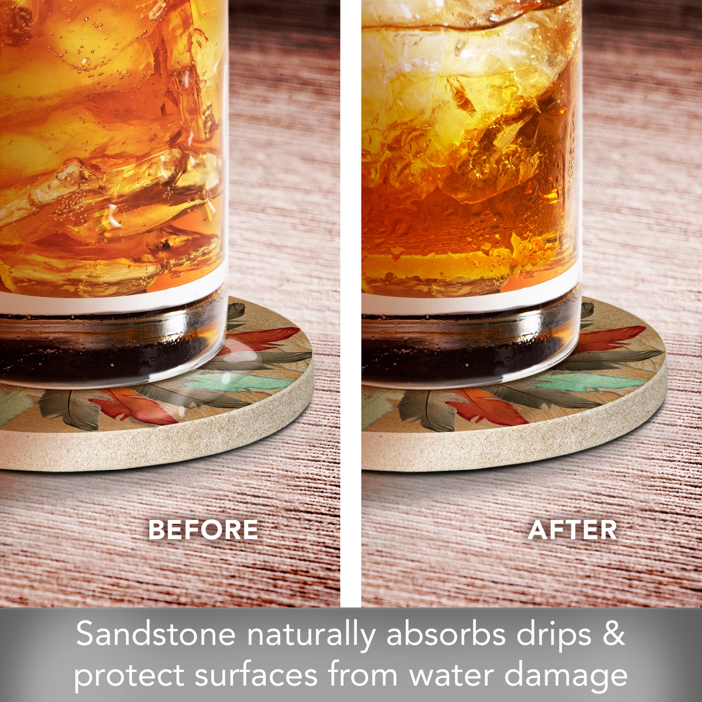 Thirstystone Feather Medallion Natural Sandstone Coaster 4 Pack Eco-Friendly, Absorbent, Easily Wipes Clean