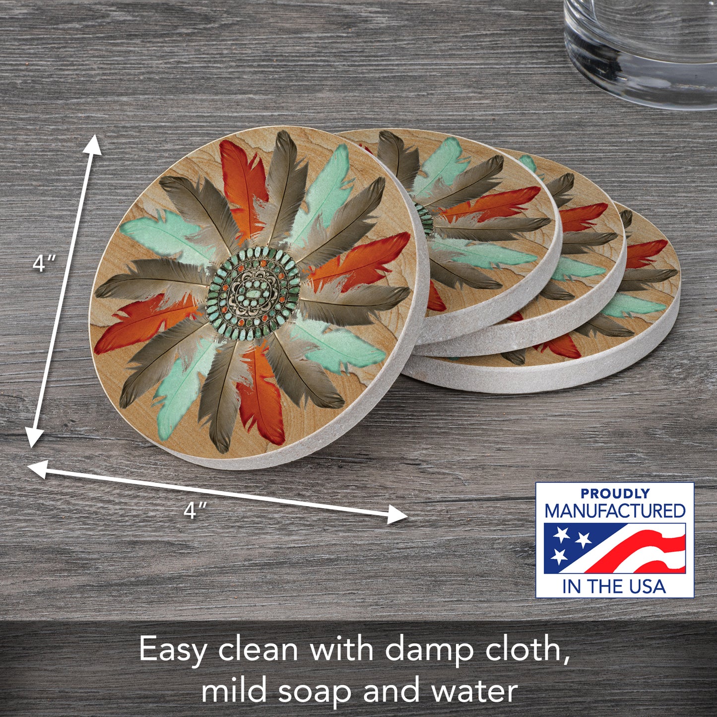 Thirstystone Feather Medallion Natural Sandstone Coaster 4 Pack Eco-Friendly, Absorbent, Easily Wipes Clean