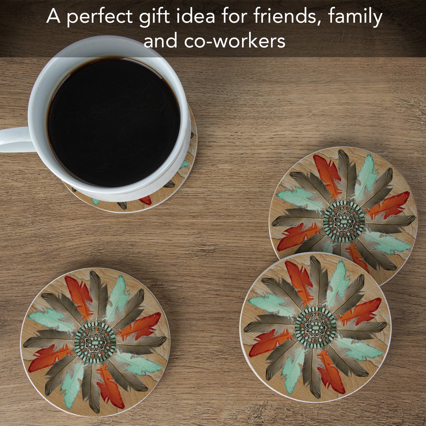 Thirstystone Feather Medallion Natural Sandstone Coaster 4 Pack Eco-Friendly, Absorbent, Easily Wipes Clean
