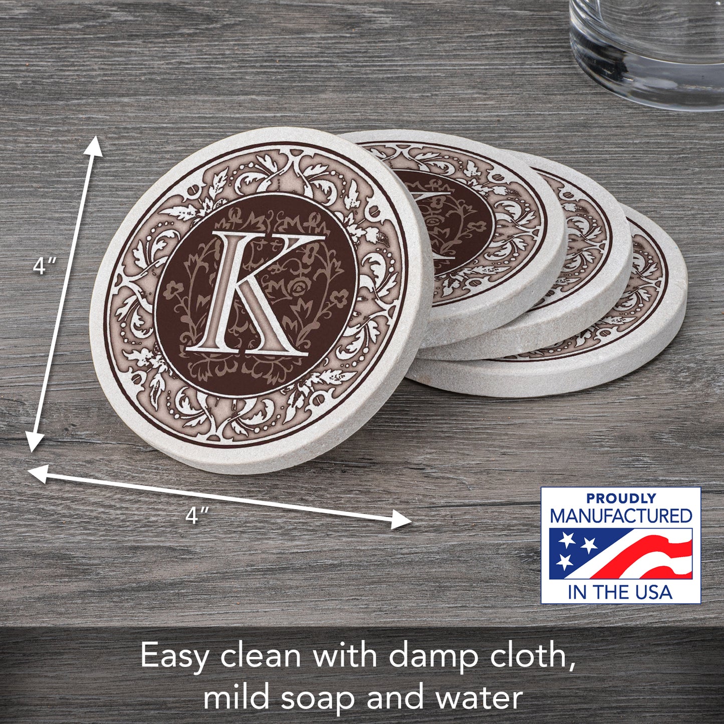 Thirstystone 4 Pack Monogram Letter K Sandstone Coasters in Bronze Iron Ram Coaster Holder 4.75" x 4.38" x 2.75"