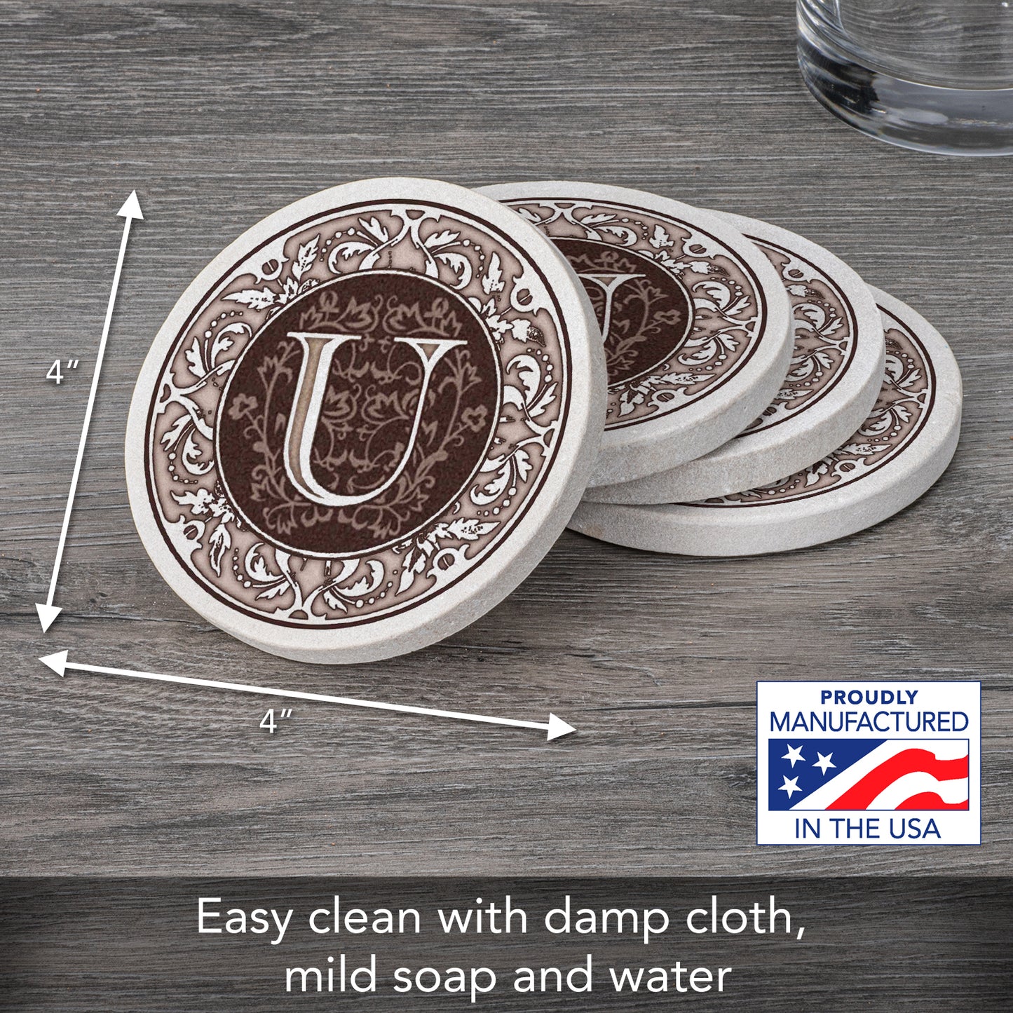 Thirstystone 4 Pack Monogram Letter U Sandstone Coasters in Bronze Iron Ram Coaster Holder 4.75" x 4.38" x 2.75"