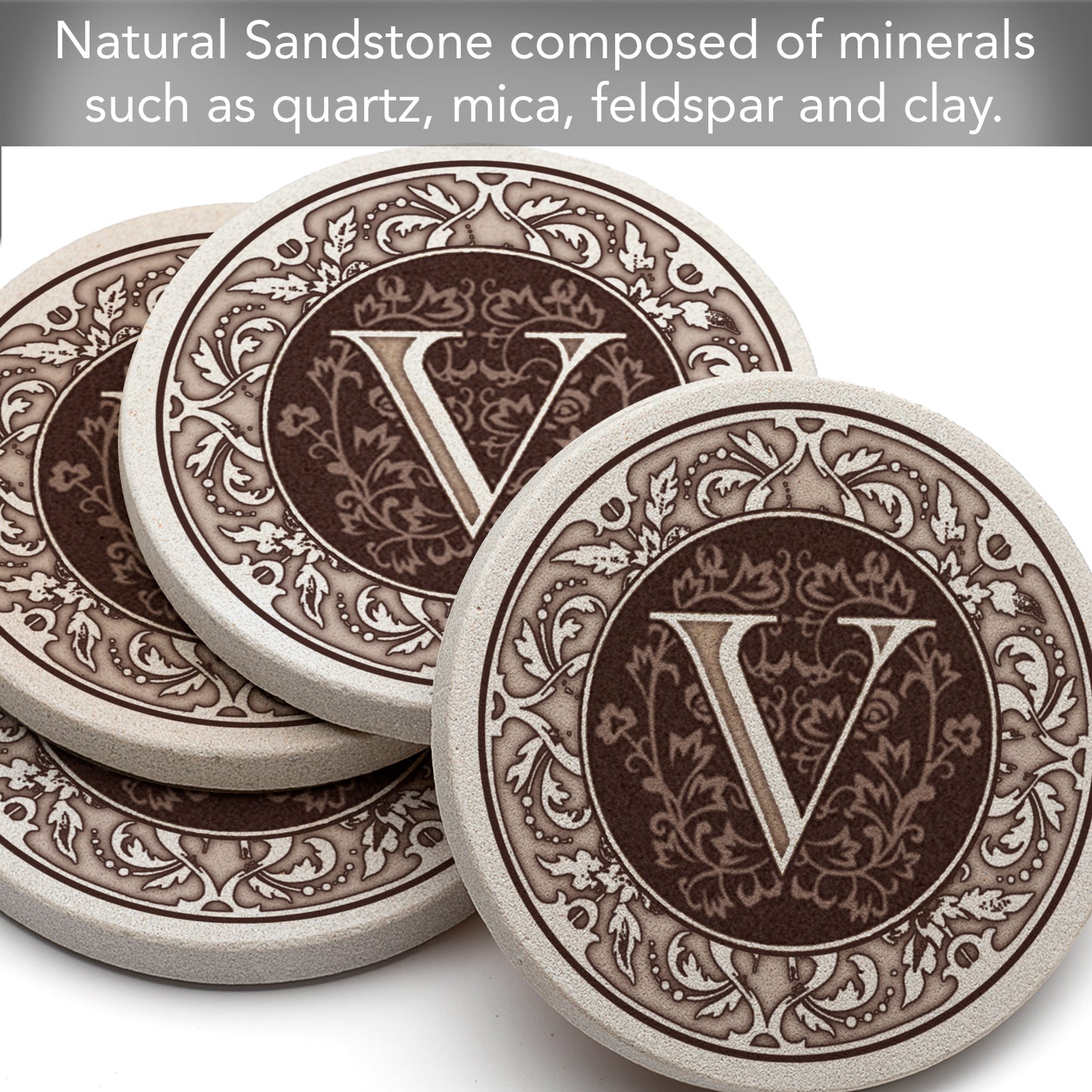 Thirstystone 4 Pack Monogram Letter V Sandstone Coasters in Bronze Iron Ram Coaster Holder 4.75" x 4.38" x 2.75"