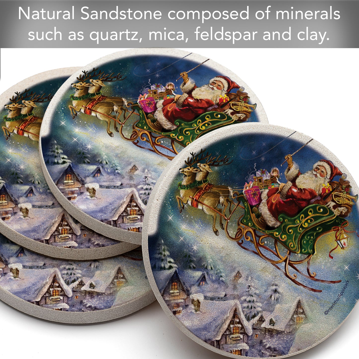 Thirstystone Santa’s Sleigh Natural Sandstone Coaster 4 Pack Eco-Friendly, Absorbent, Easily Wipes Clean