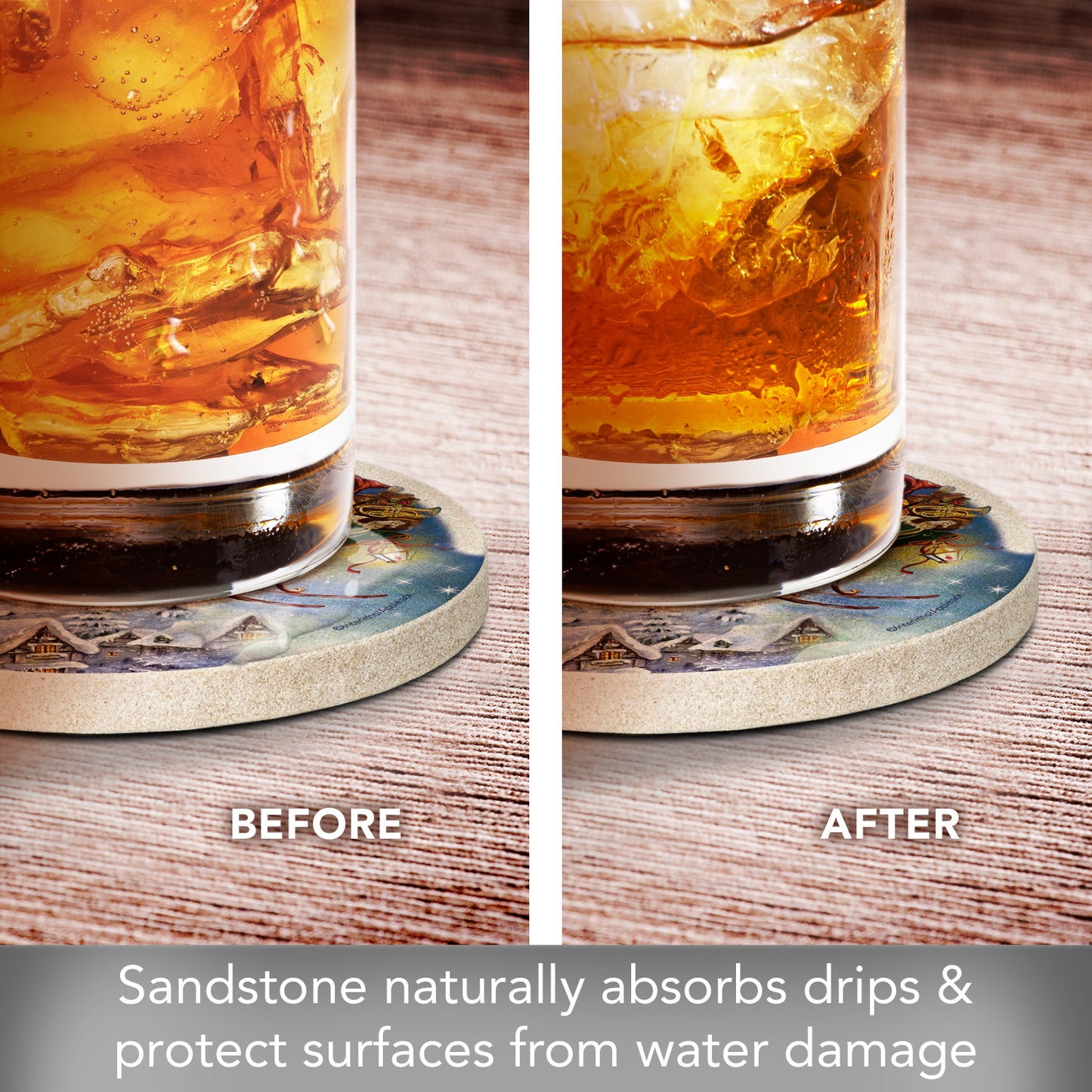 Thirstystone Santa’s Sleigh Natural Sandstone Coaster 4 Pack Eco-Friendly, Absorbent, Easily Wipes Clean