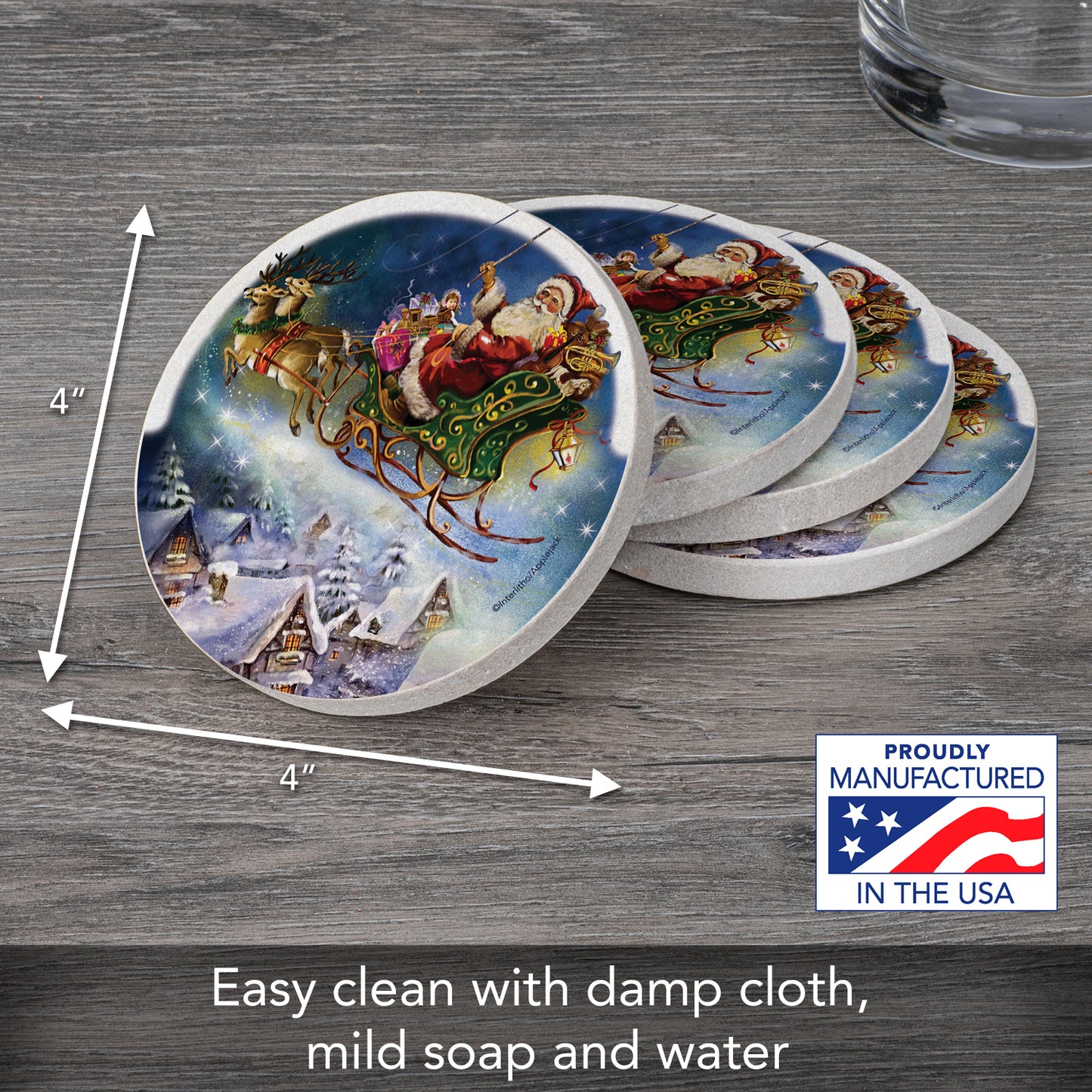 Thirstystone Santa’s Sleigh Natural Sandstone Coaster 4 Pack Eco-Friendly, Absorbent, Easily Wipes Clean