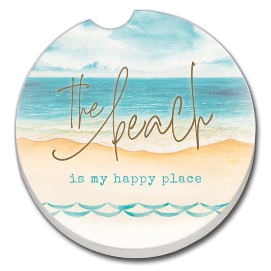 Thirstystone Beach-Happy Place Single Absorbent Stone Car Coaster 2.6” Diameter Manufactured in the USA