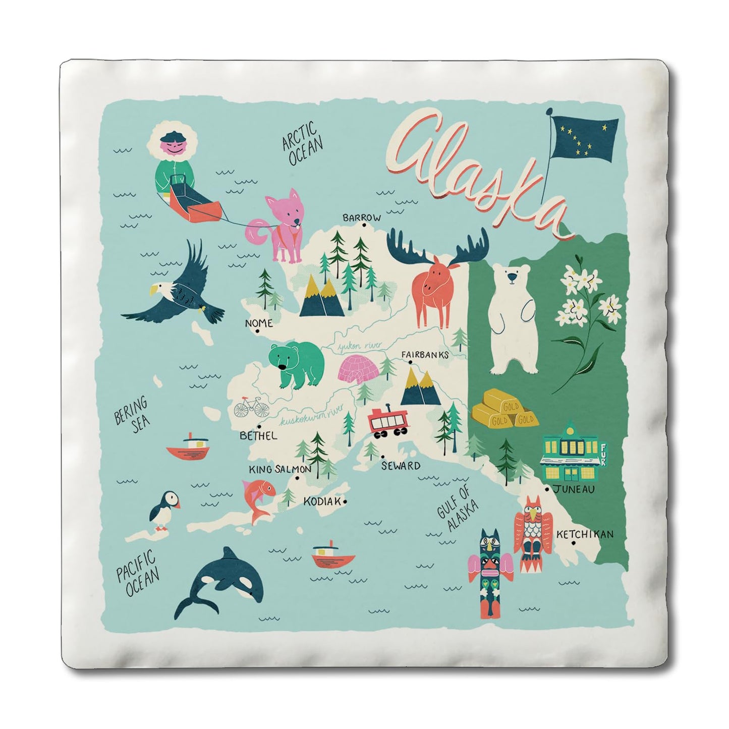 Thirstystone Home State 4 Pack Tumbled Tile Stone Coasters with Protective Cork Backing 4" Square Manufactured in The USA Artistic Absorbent Easily Wipes Clean (Alaska)